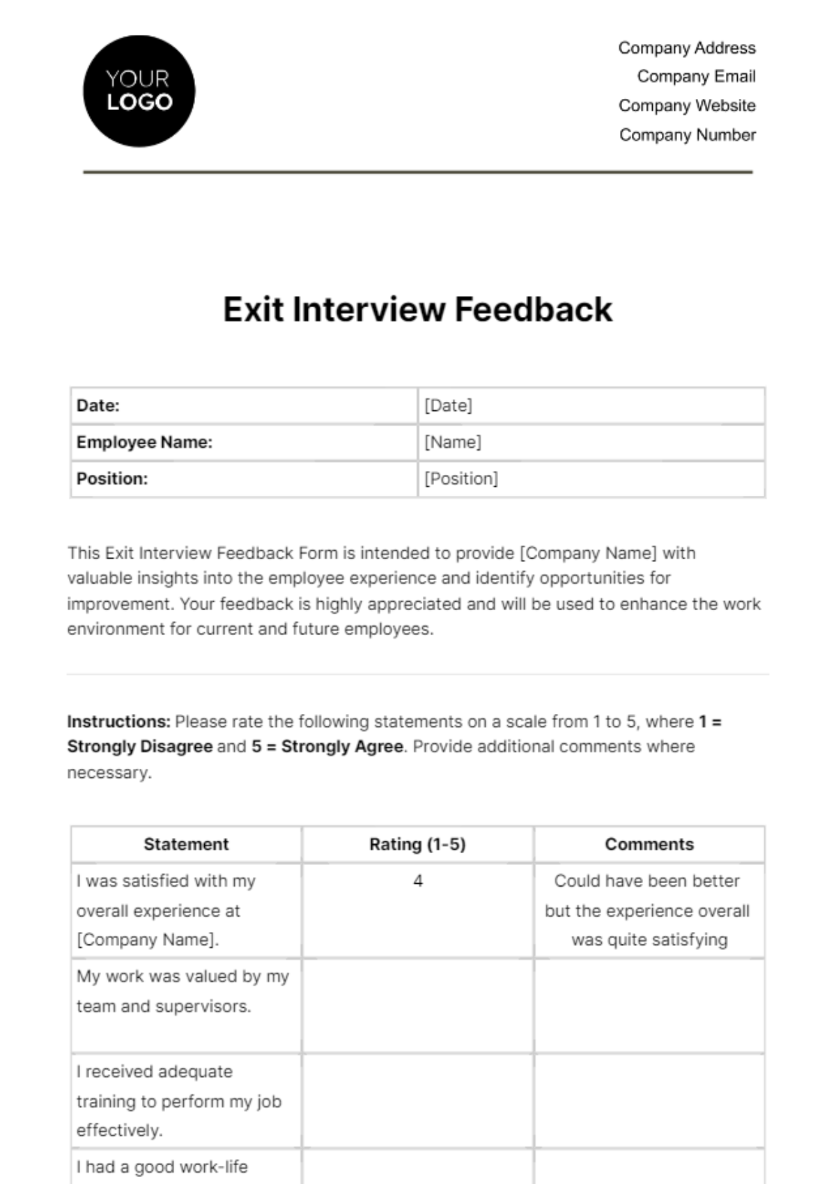 Free Exit Interview Feedback HR Template to Edit Online
