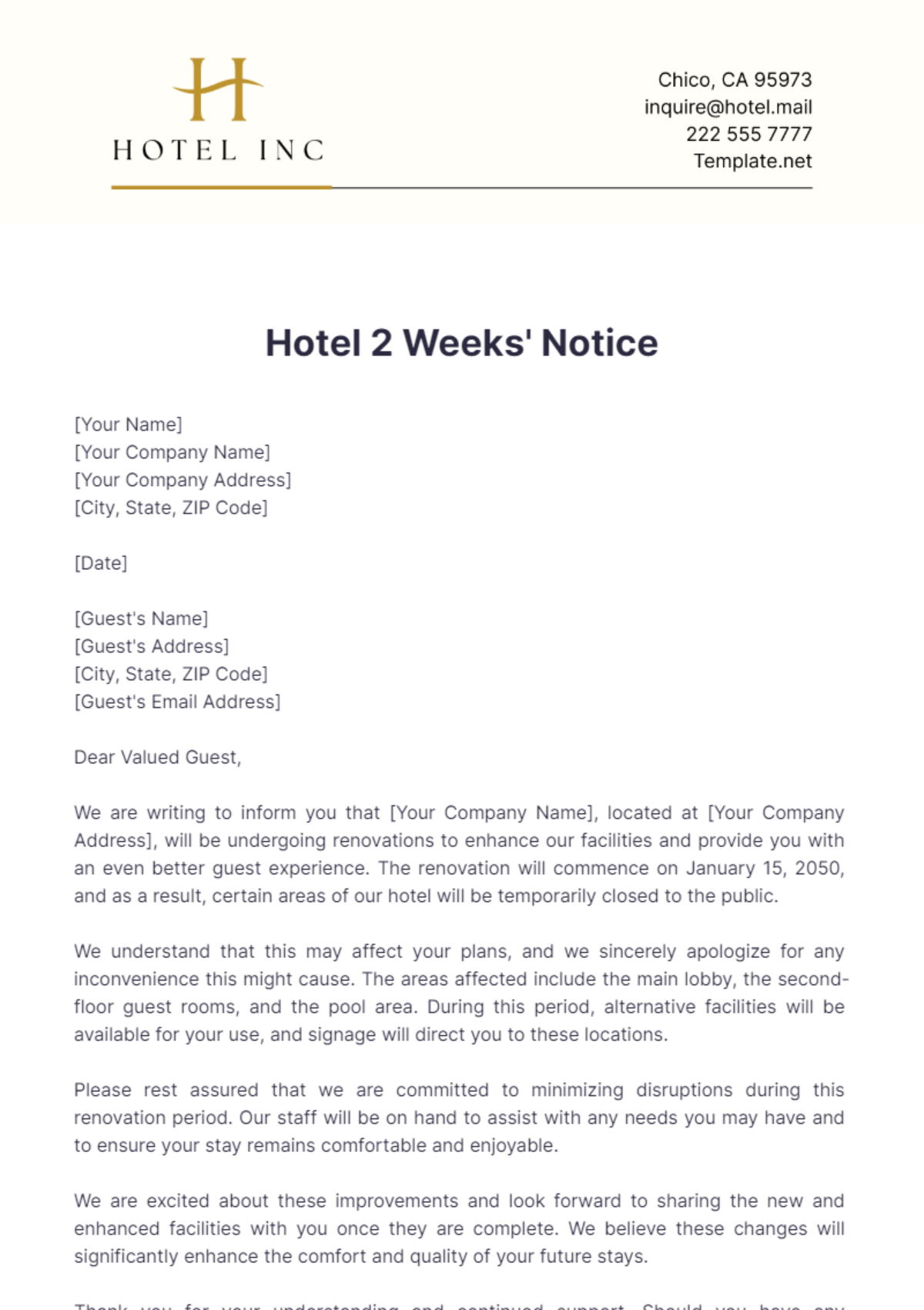 Hotel 2 Weeks Notice Template