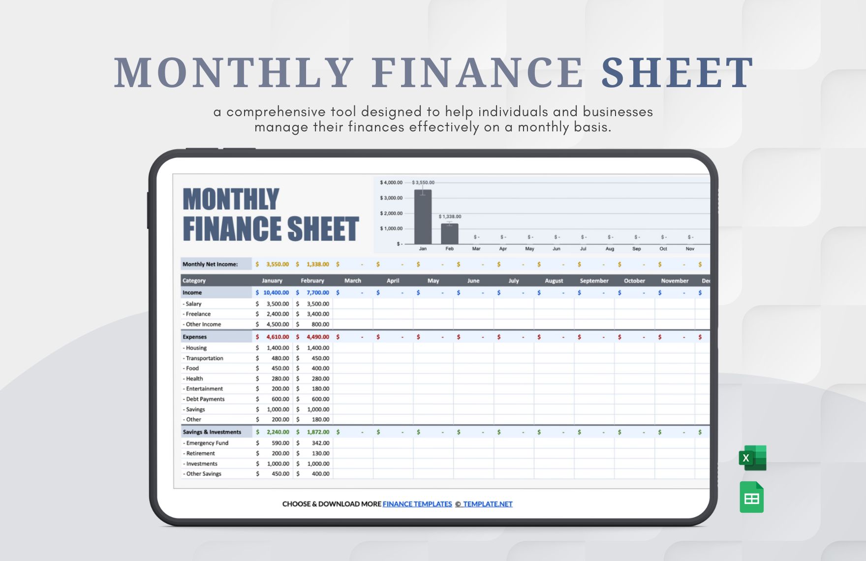 Monthly Finance Sheet Template in Excel, Google Sheets - Download | Template.net