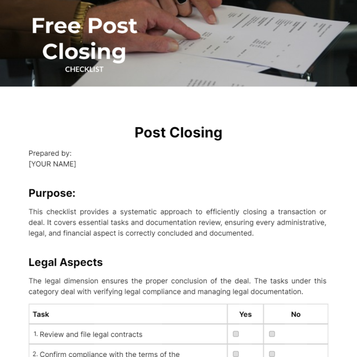 Free Post Closing Checklist Template to Edit Online