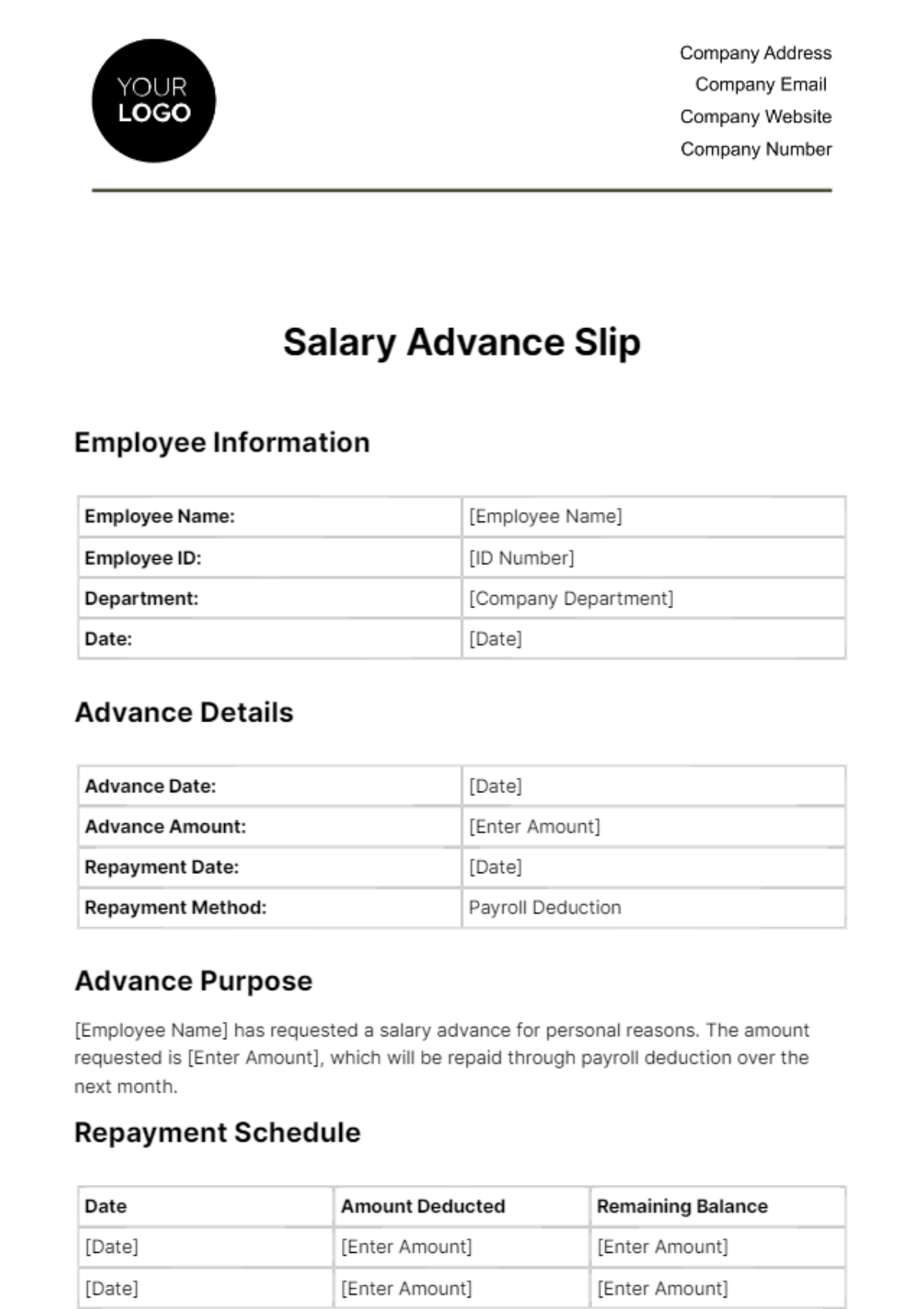 Free Salary Advance Slip HR Template to Edit Online