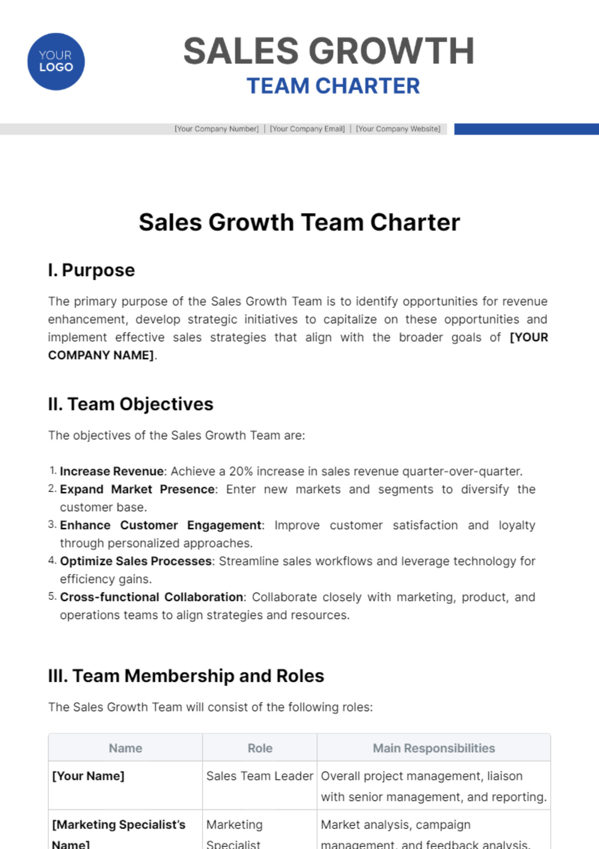 Free Sales Growth Team Charter Template to Edit Online