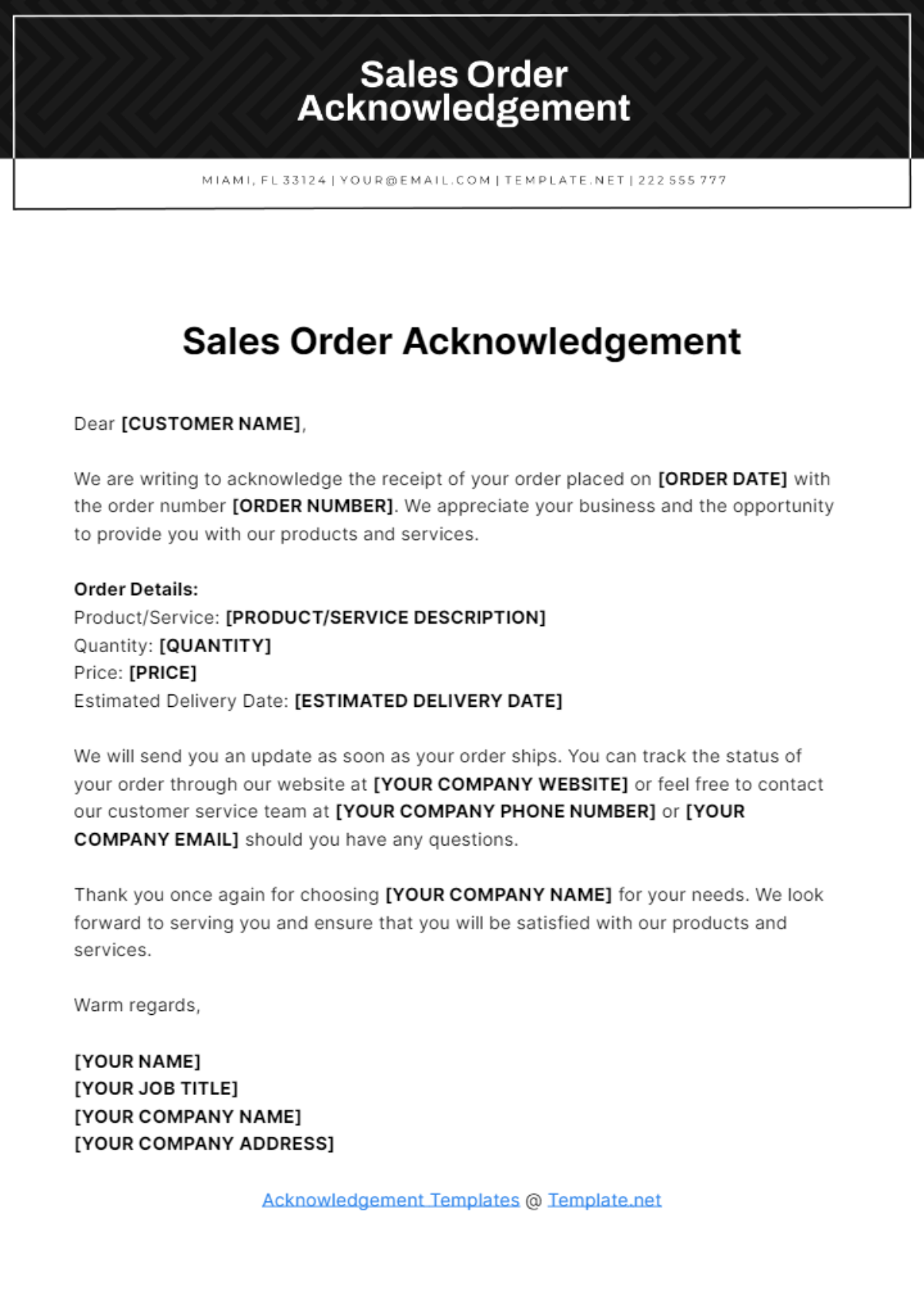 Free Sales Order Acknowledgment Template to Edit Online