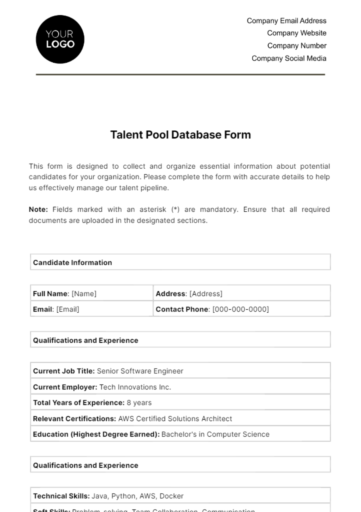 Database Form HR Template