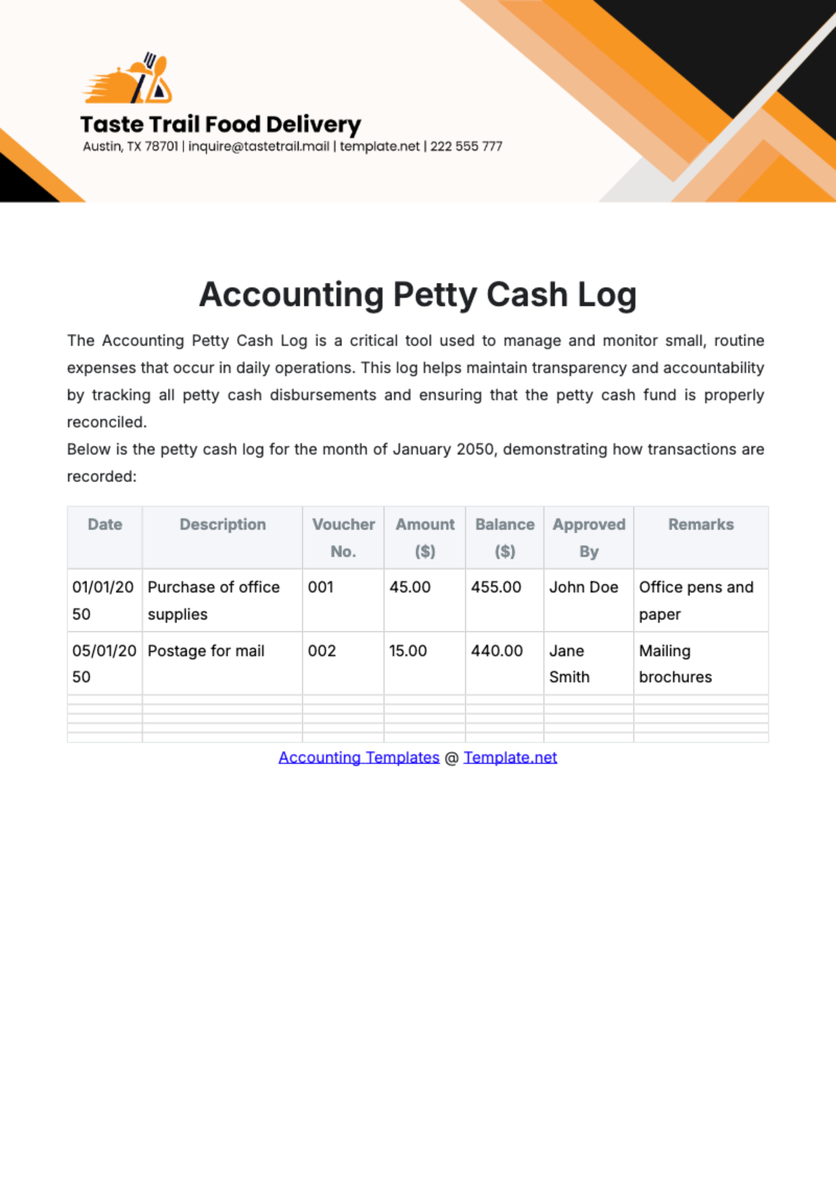 Free Accounting Petty Cash Log Template to Edit Online