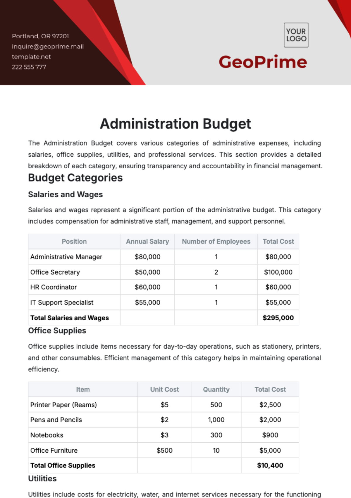 Free Administration Budget Template to Edit Online
