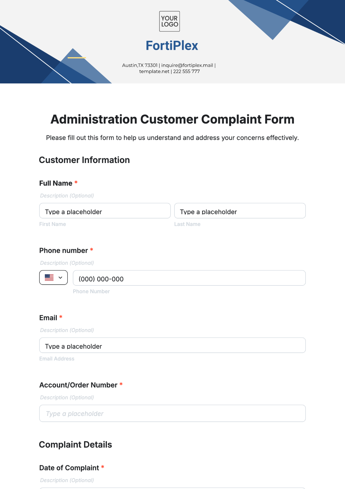 Free Administration Customer Complaint Form Template to Edit Online