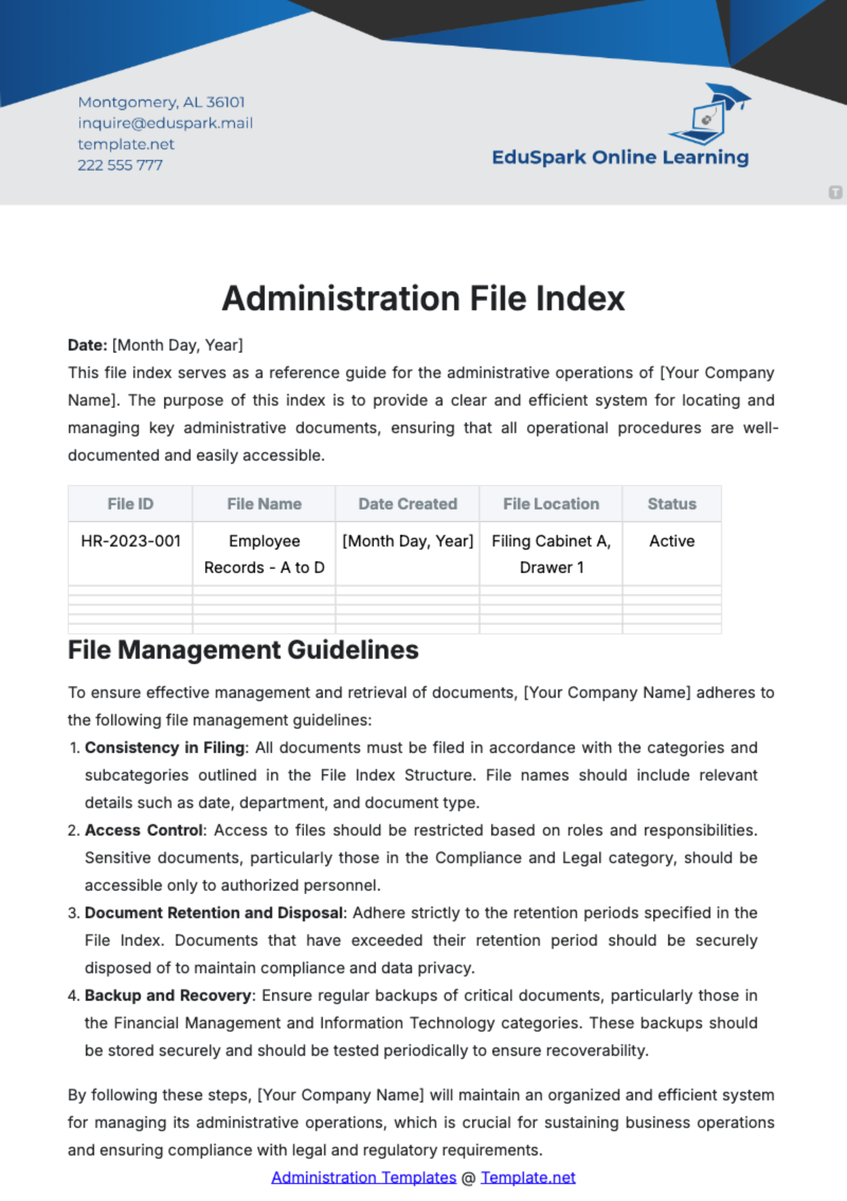 Free Administration File Index Template to Edit Online