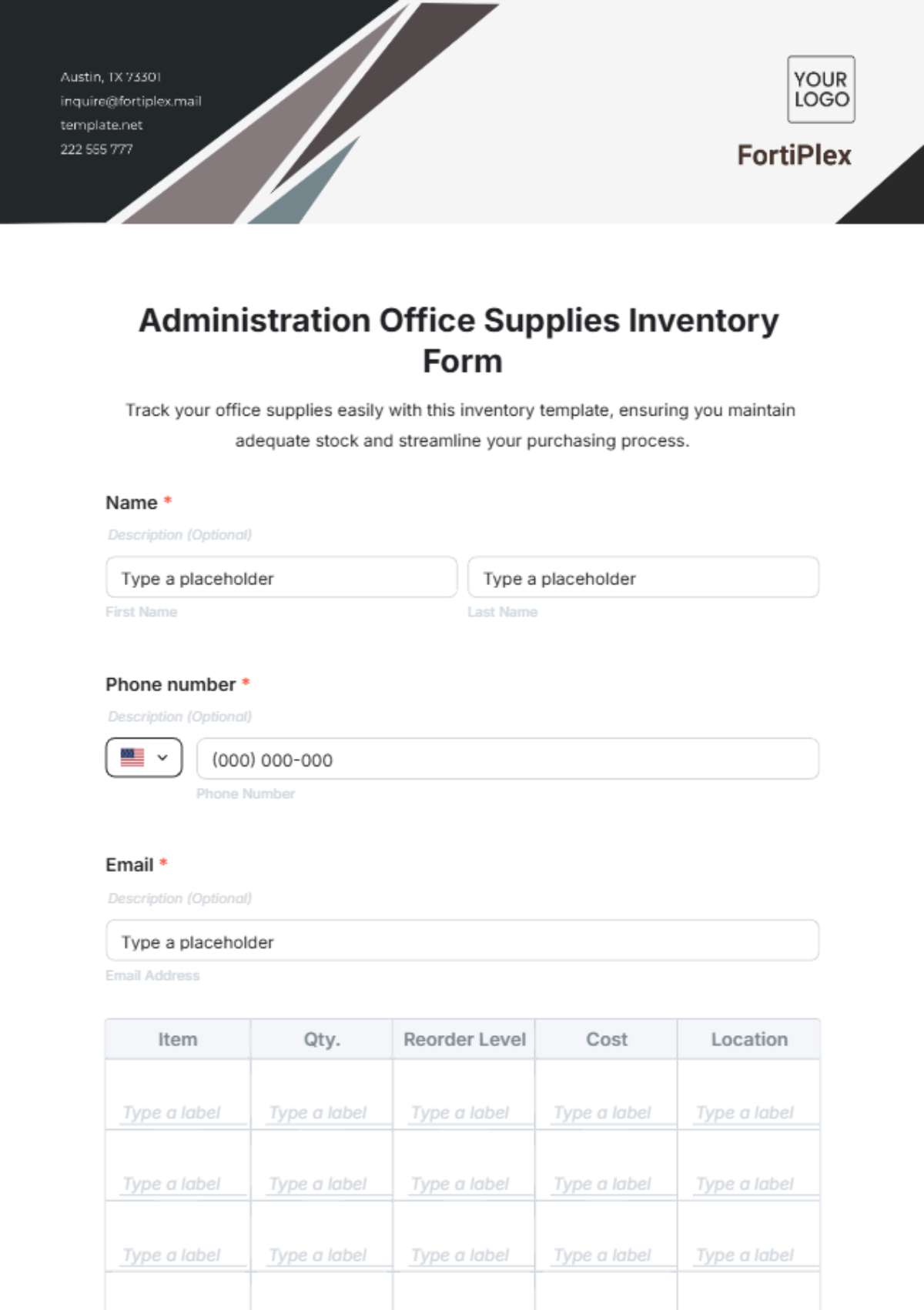 Free Administration Office Supplies Inventory Form Template to Edit Online