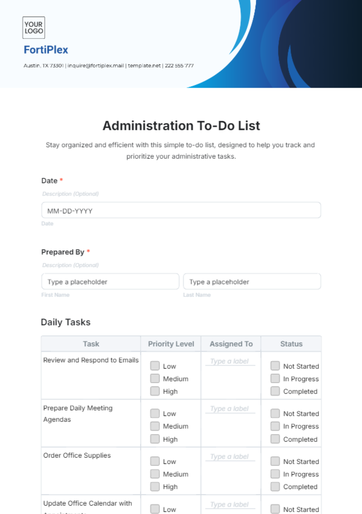 Free Administration To-Do List Form Template to Edit Online
