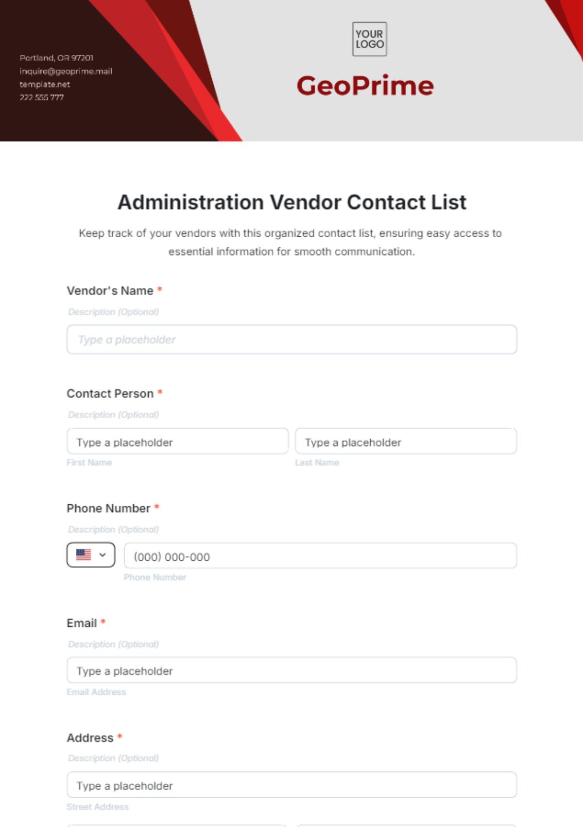 Free Administration Vendor Contact List Form Template to Edit Online