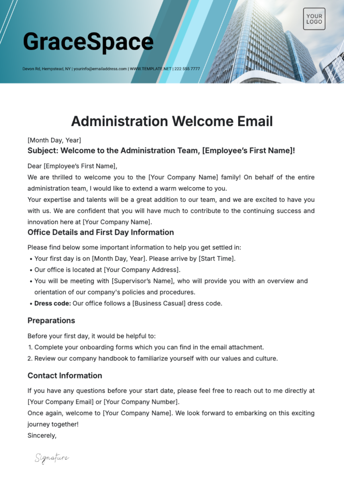 Free Administration Welcome Email Template to Edit Online
