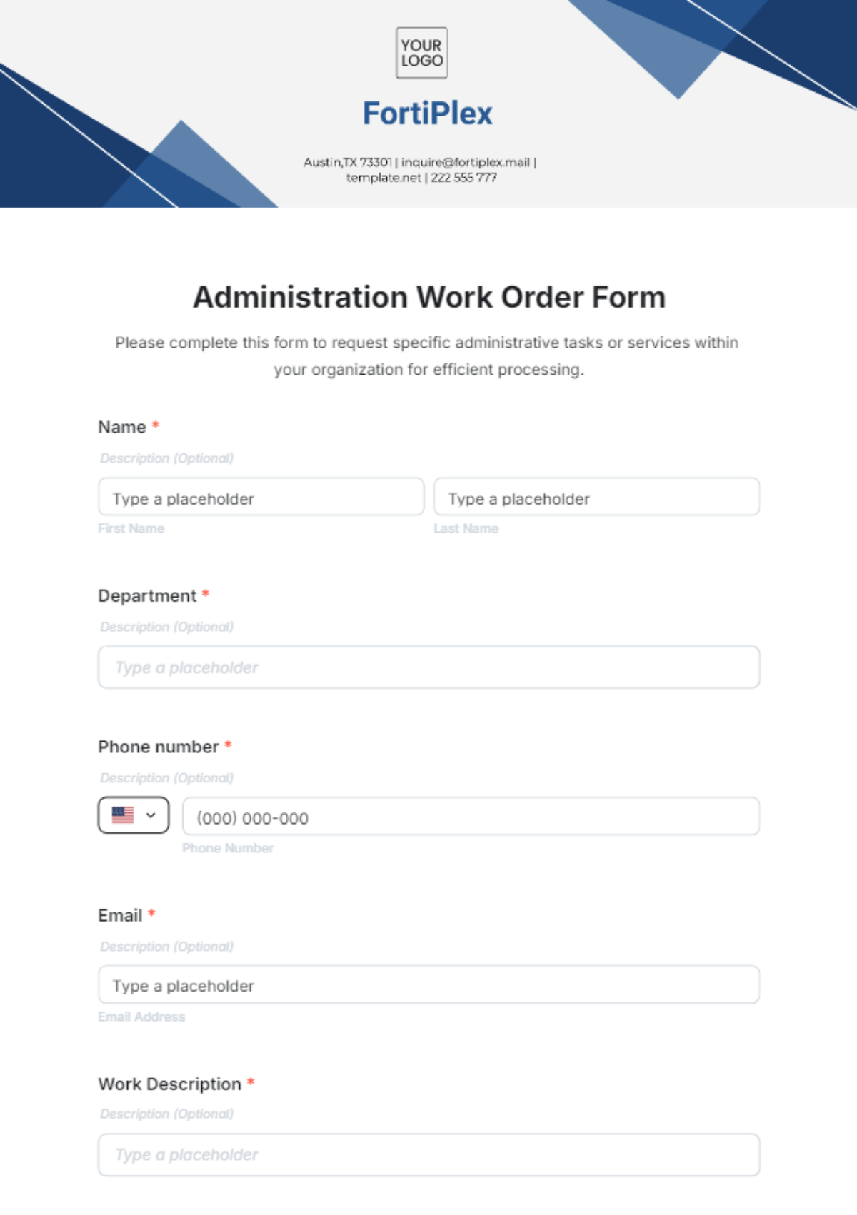 Free Administration Work Order Form Template to Edit Online