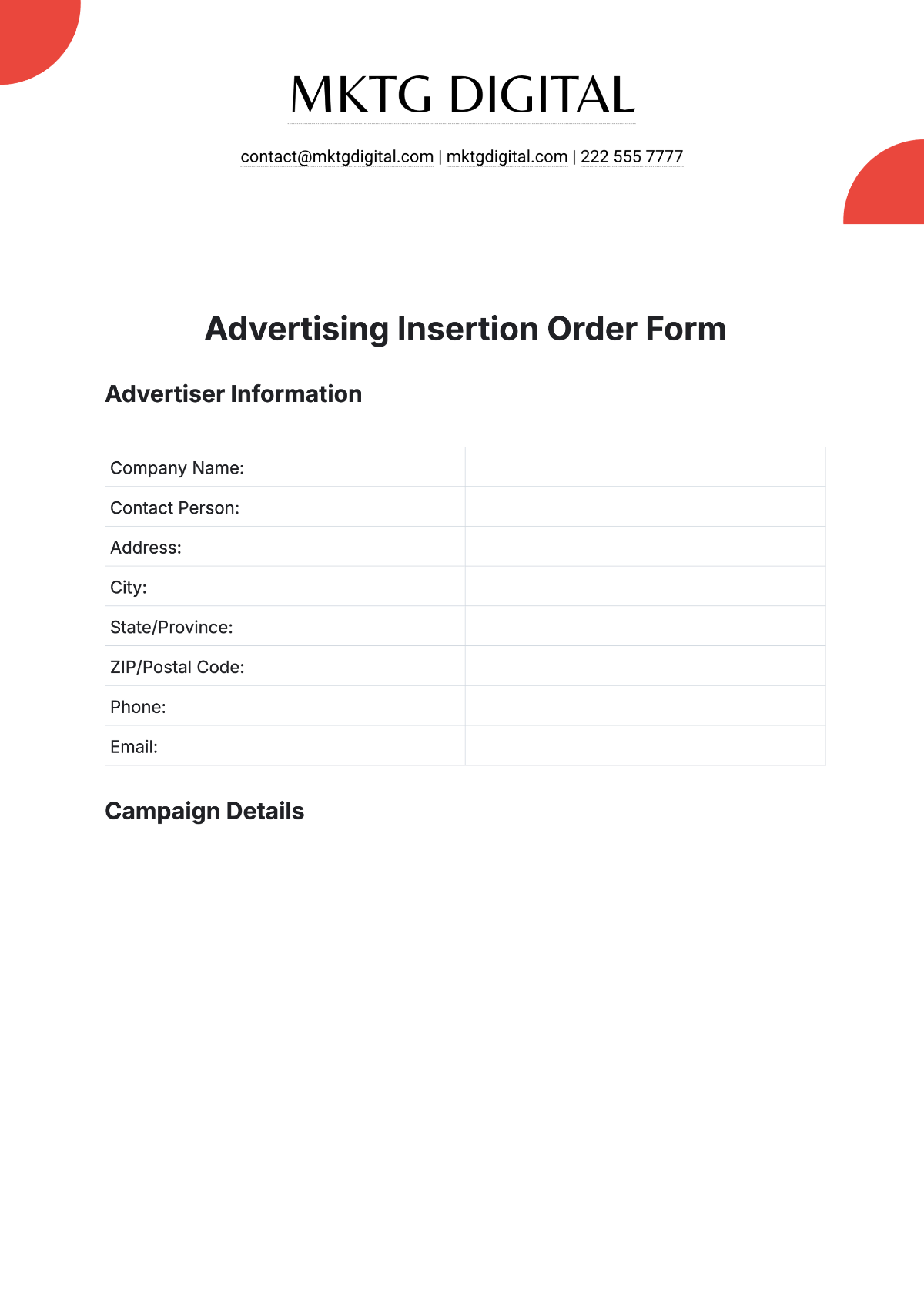 Free Advertising Insertion Order Form Template to Edit Online