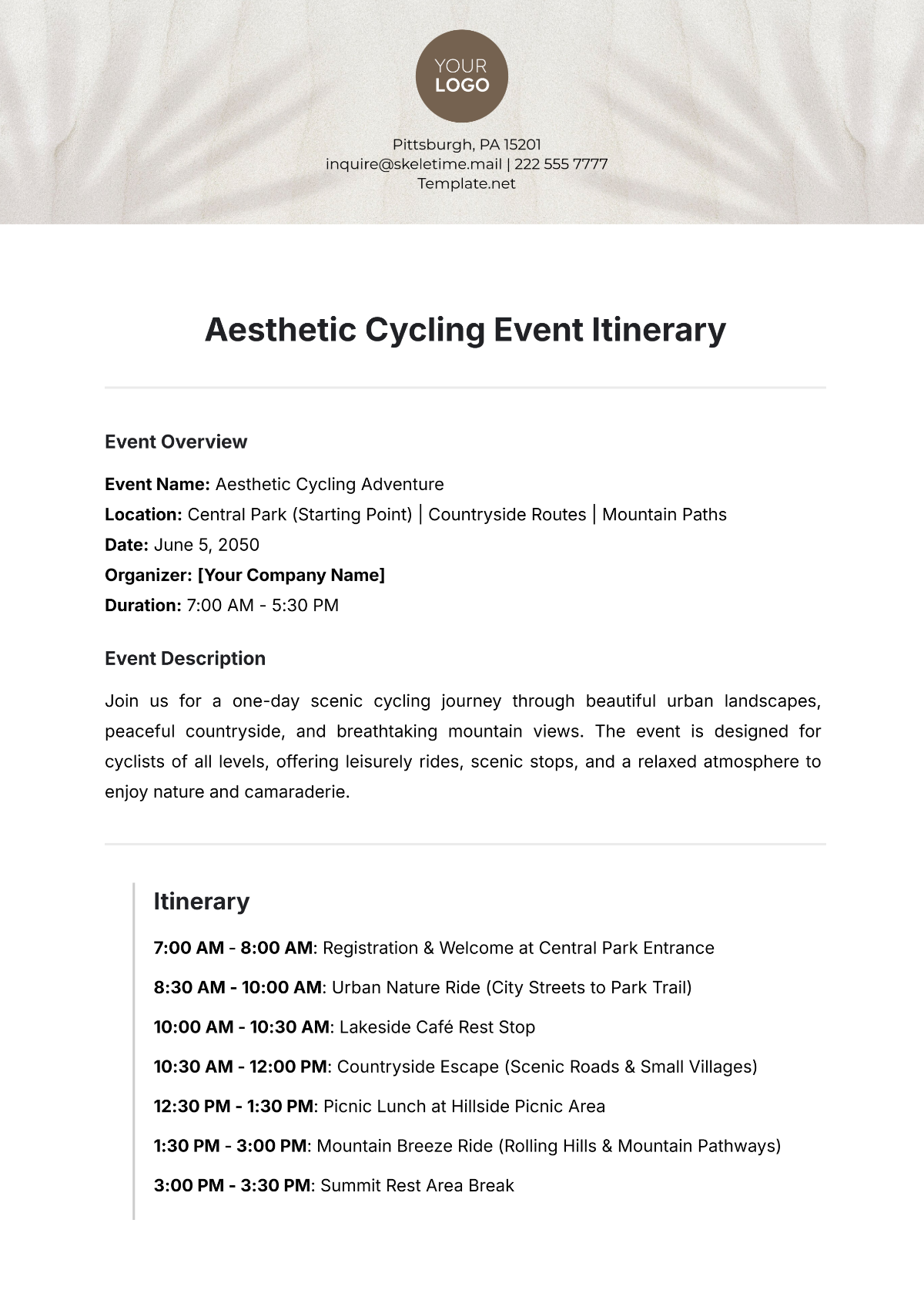 Aesthetic Cycling Event Itinerary Template