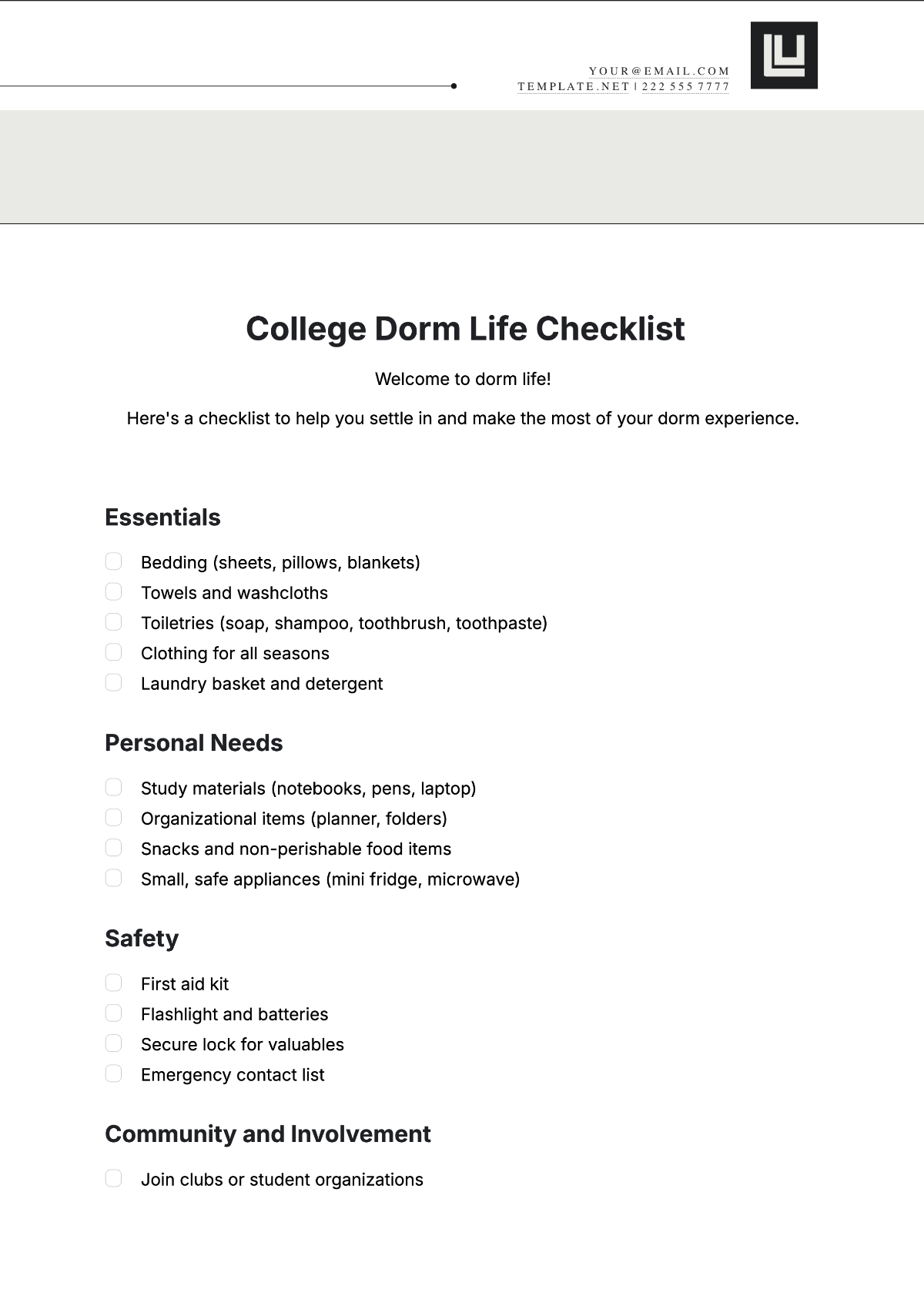 Free College Dorm Life Checklist Template to Edit Online