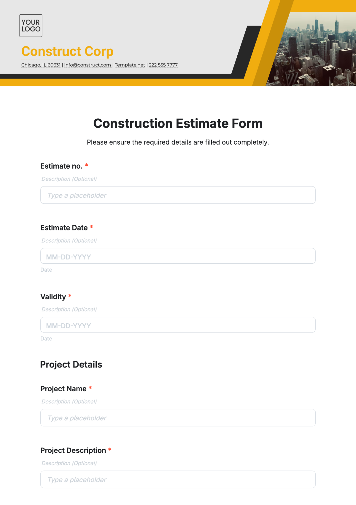 Construction Estimate Form Template