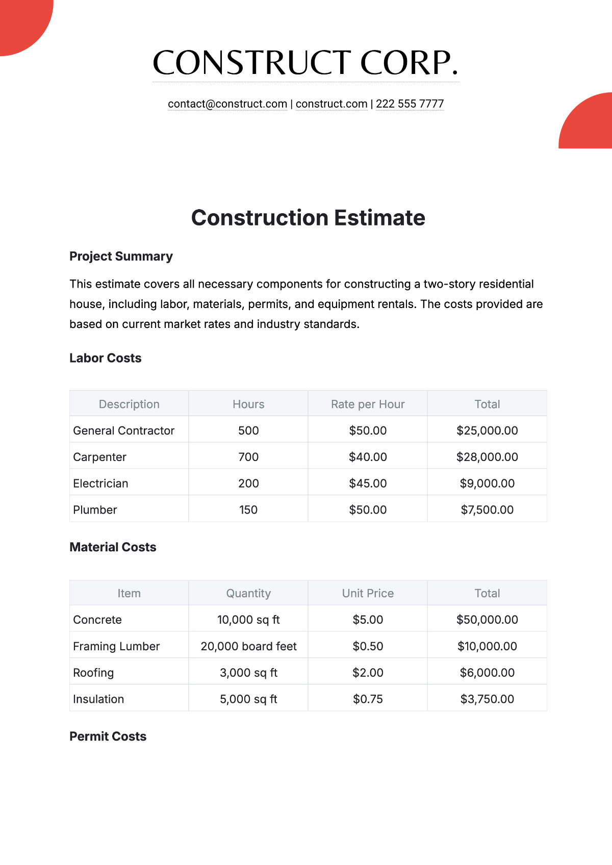 Construction Estimate Template