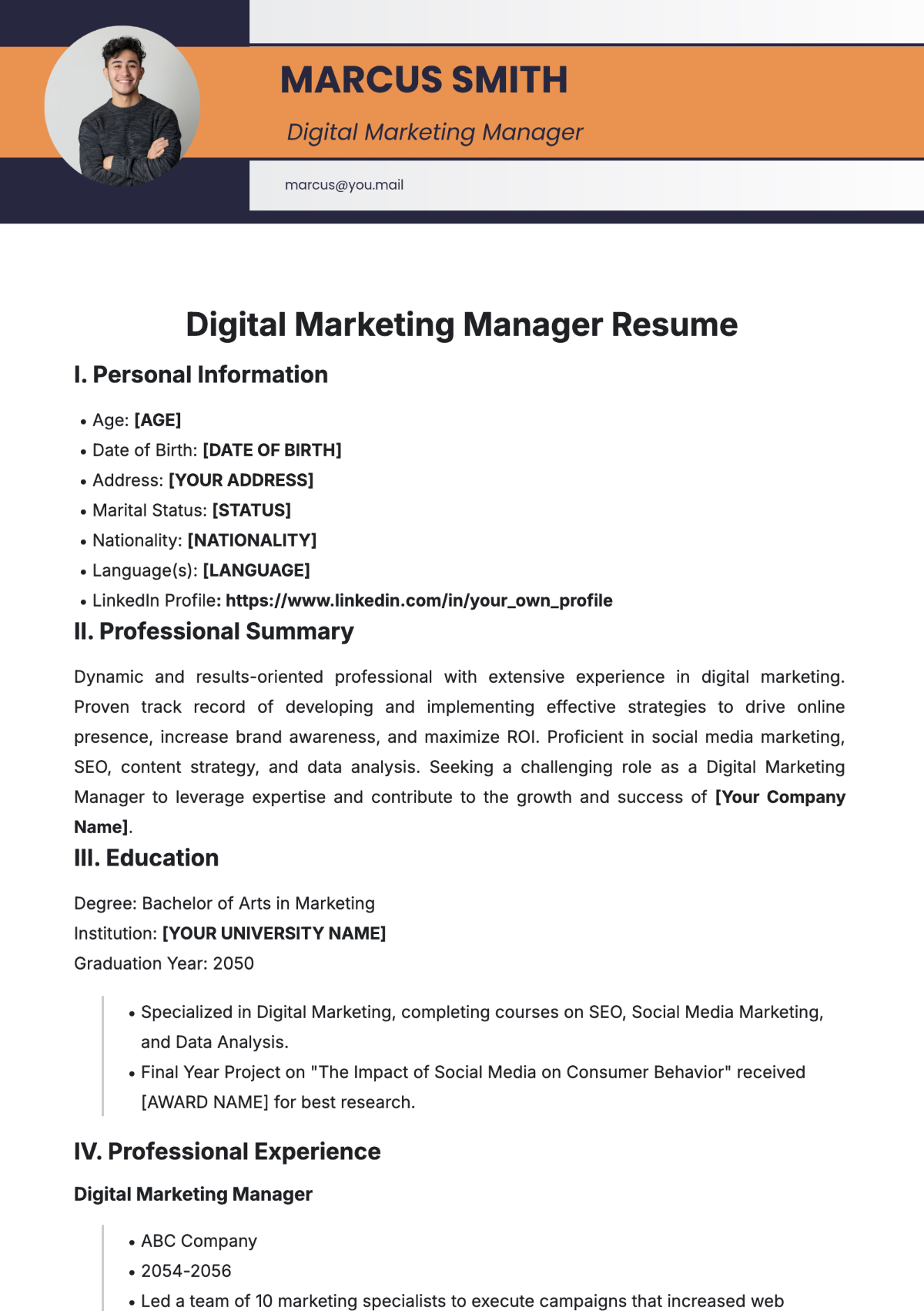 Free Digital Marketing Manager Resume Template to Edit Online