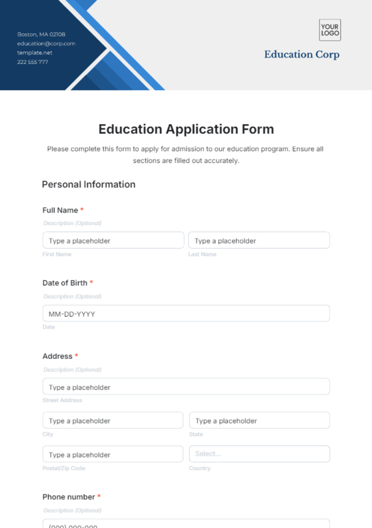 Free Education Application Form Template to Edit Online