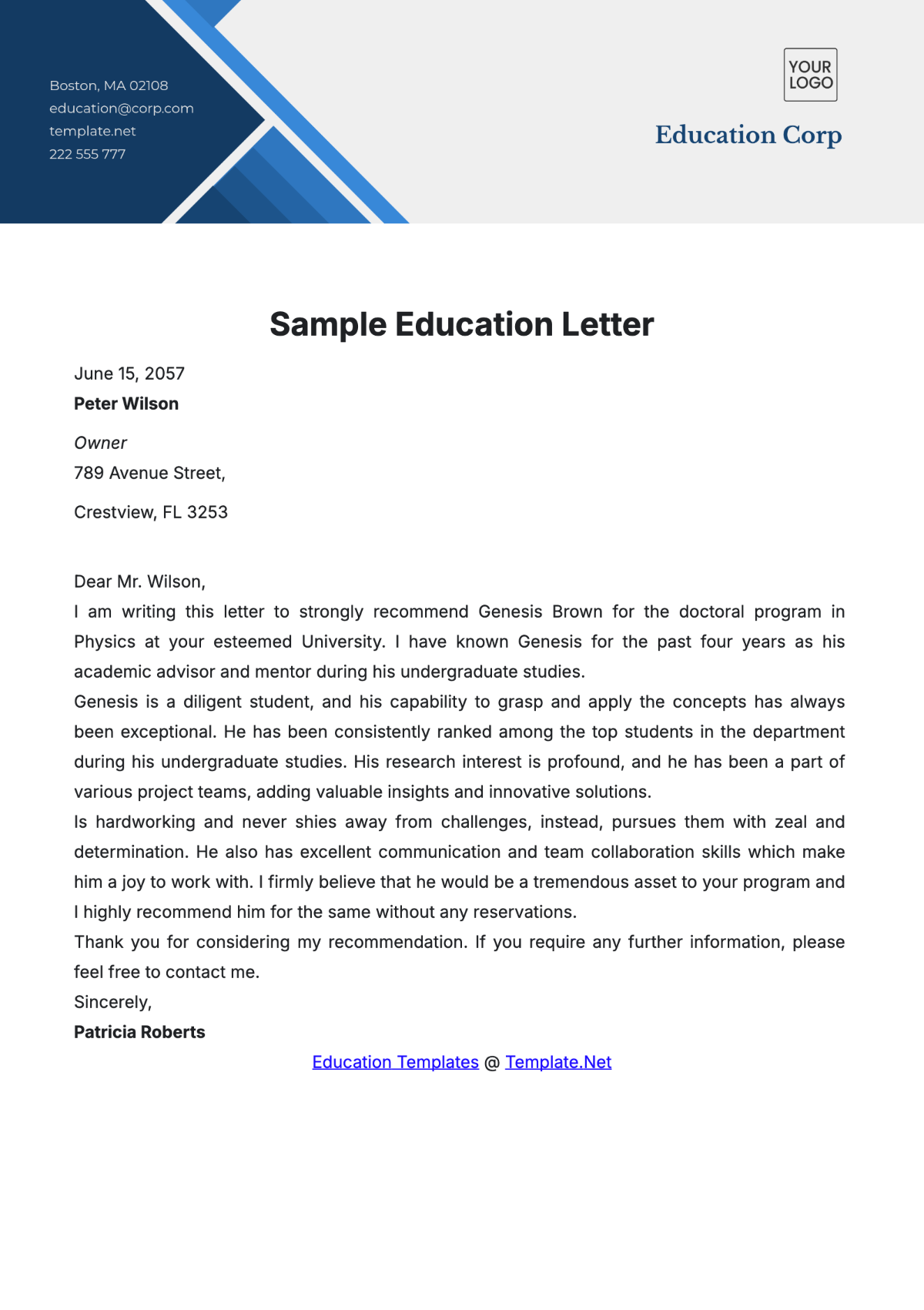 Free Education Letter Template to Edit Online