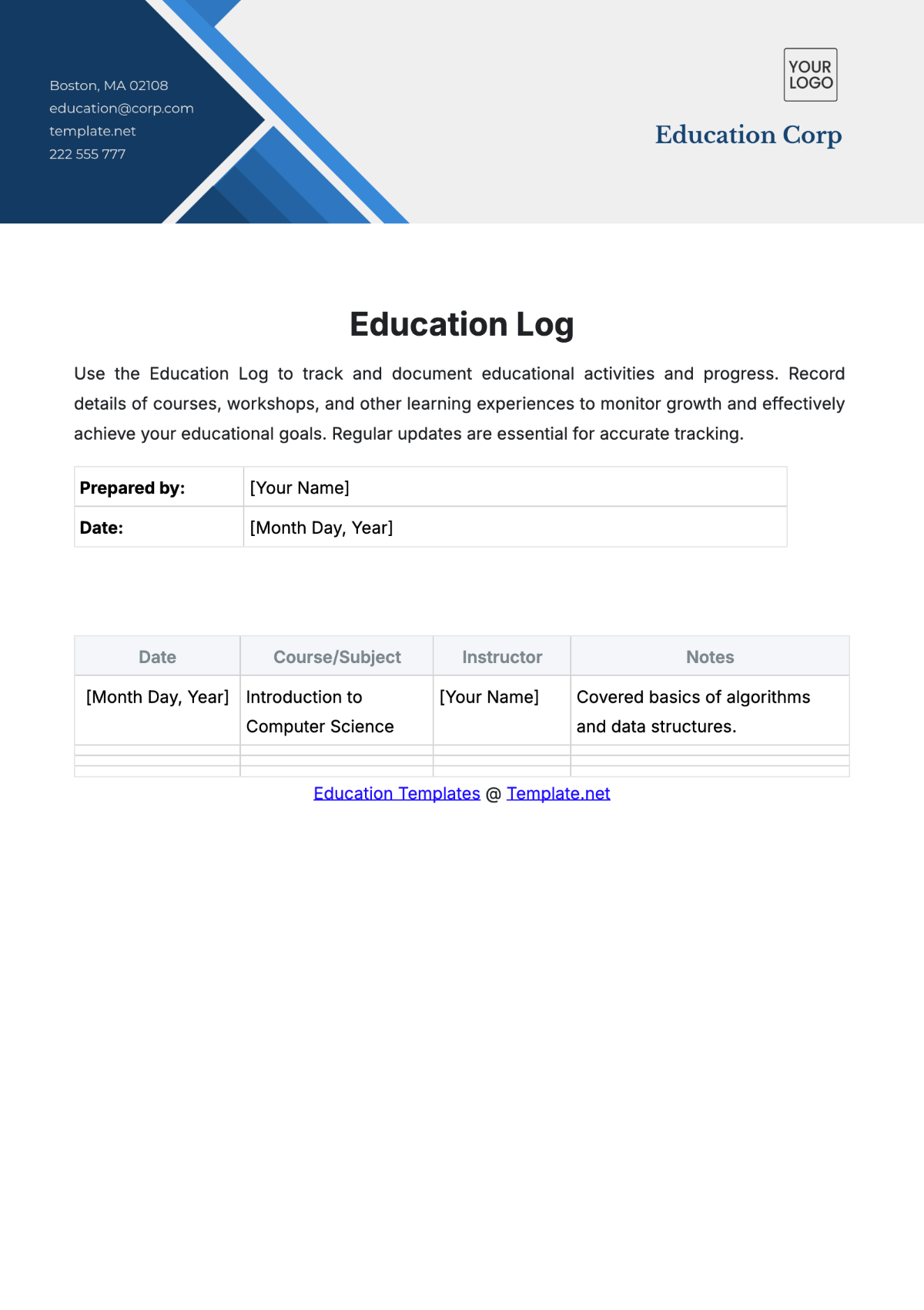 Free Education Log Template to Edit Online