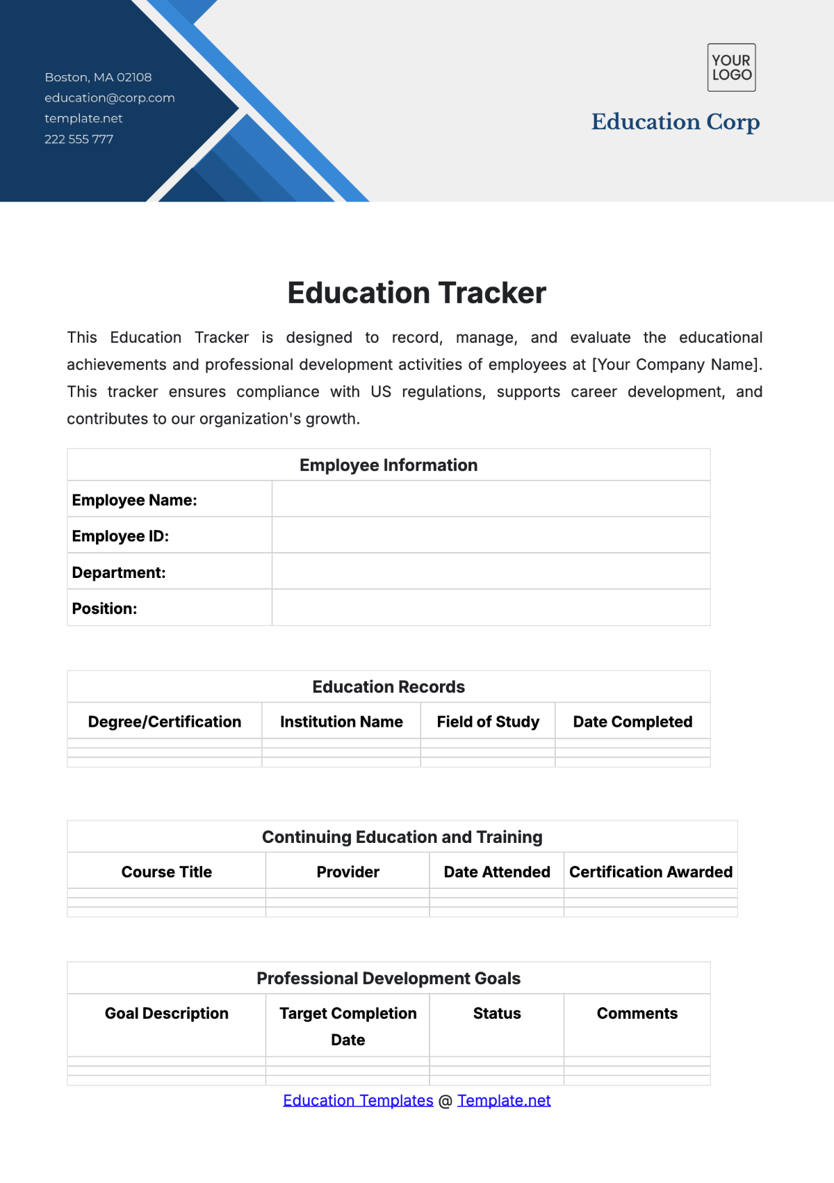 Free Education Tracker Template to Edit Online
