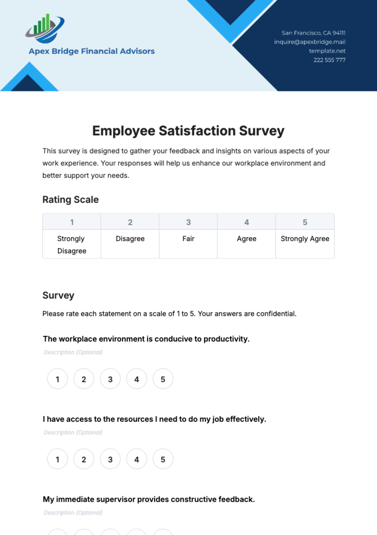 Free Employee Satisfaction Survey HR Template to Edit Online