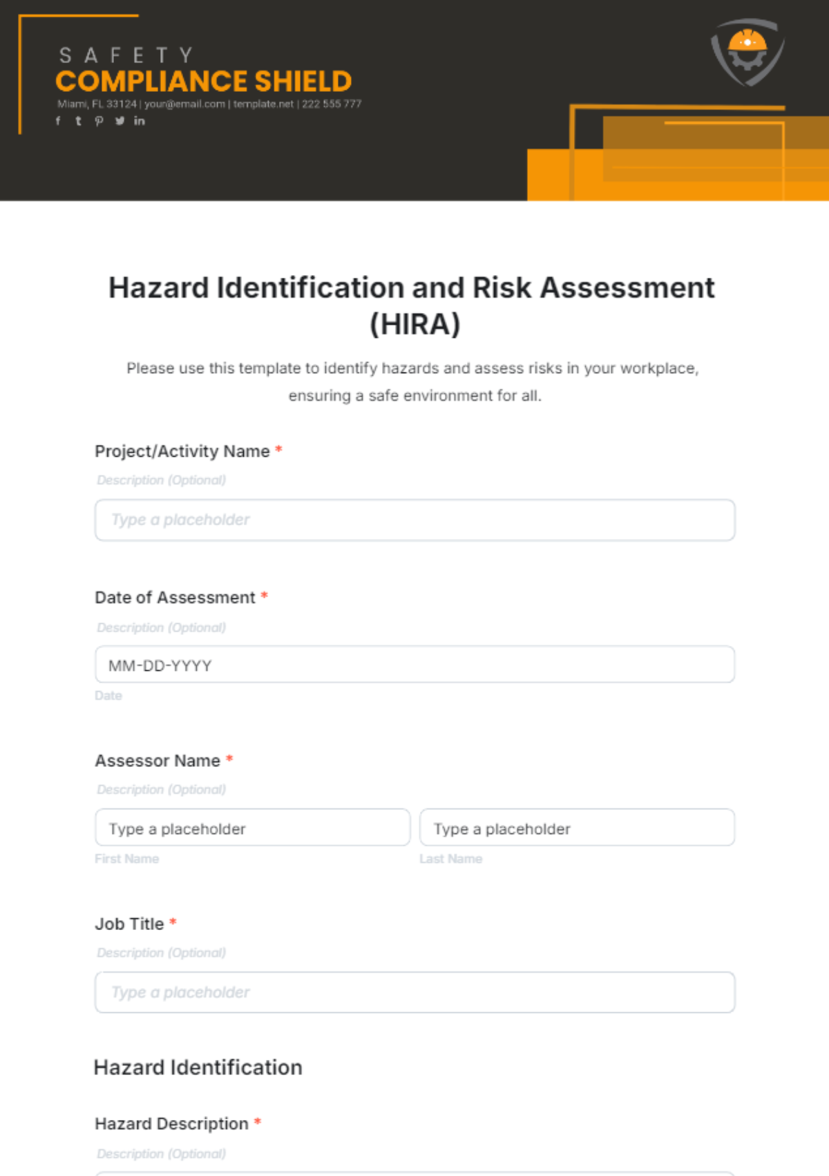 Free Hazard Identification and Risk Assessment (HIRA) Form Template to Edit Online