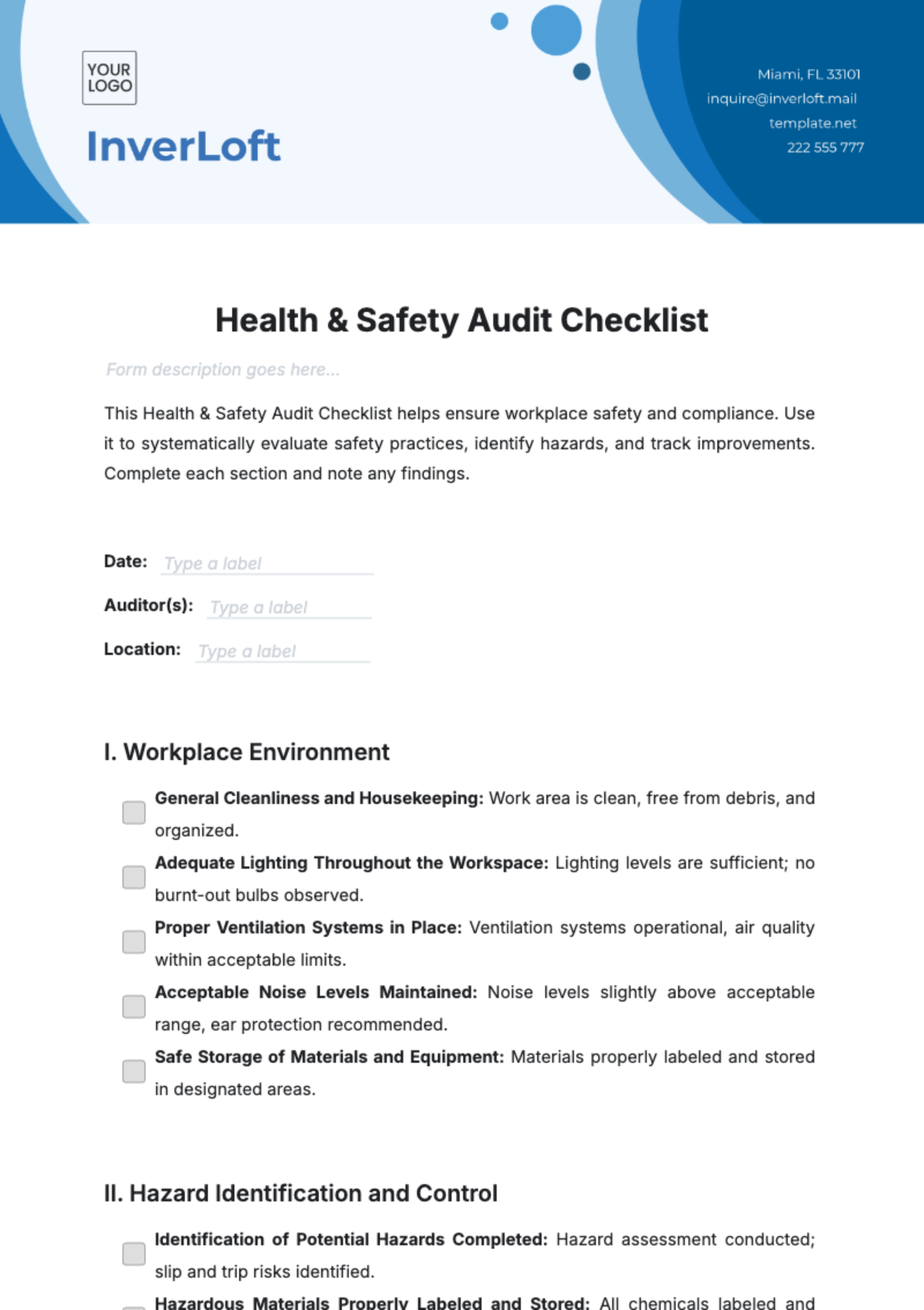 Free Health & Safety Audit Checklist Template to Edit Online