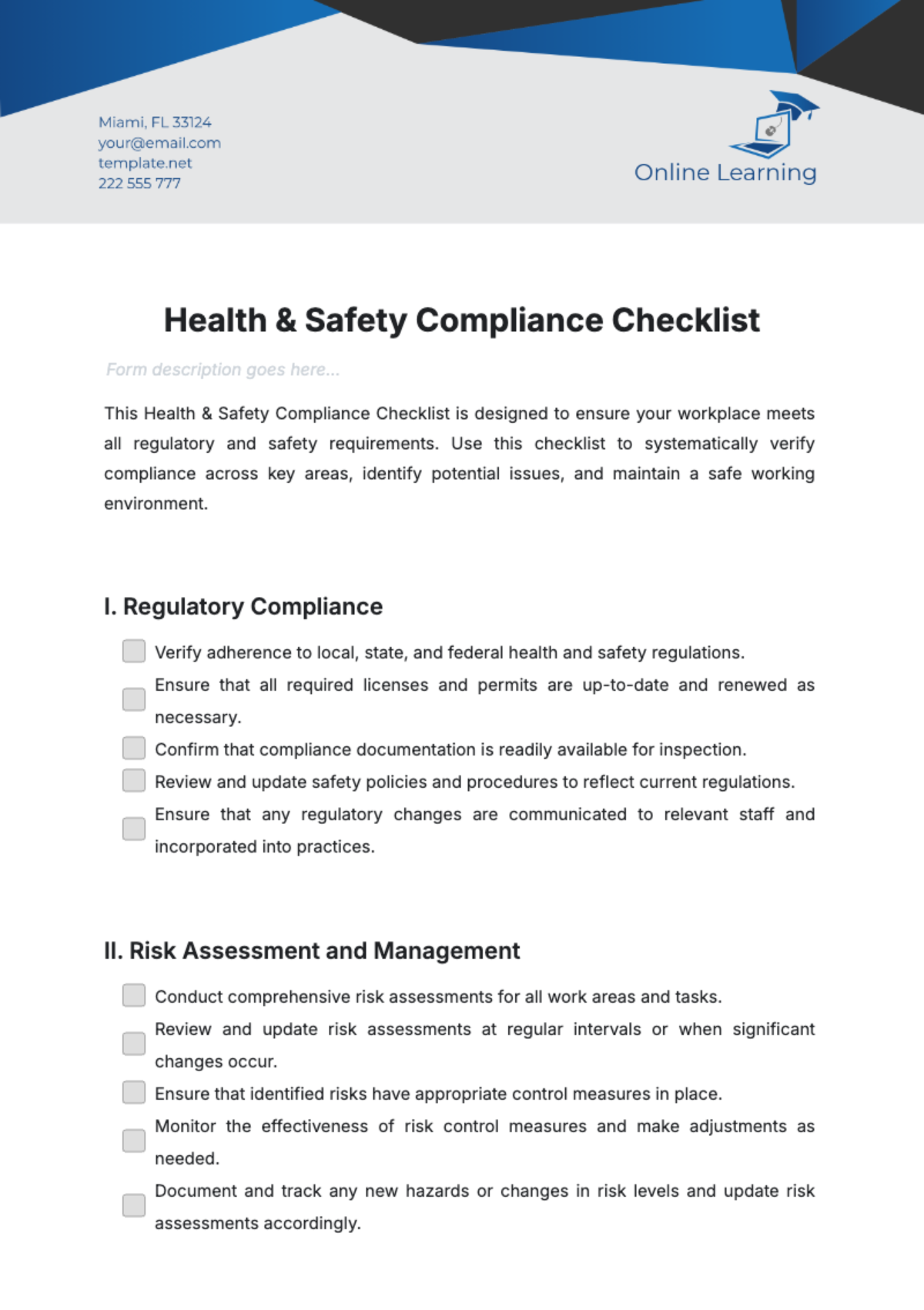 Free Health & Safety Compliance Checklist Template to Edit Online