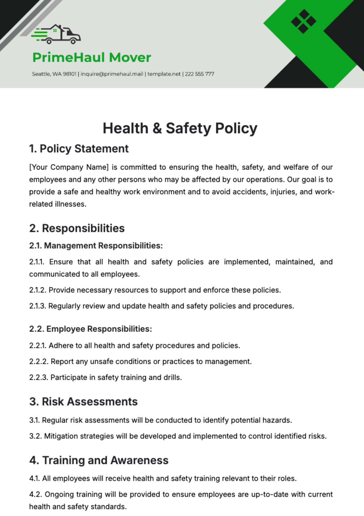 Free Health & Safety Safety Policy Template to Edit Online