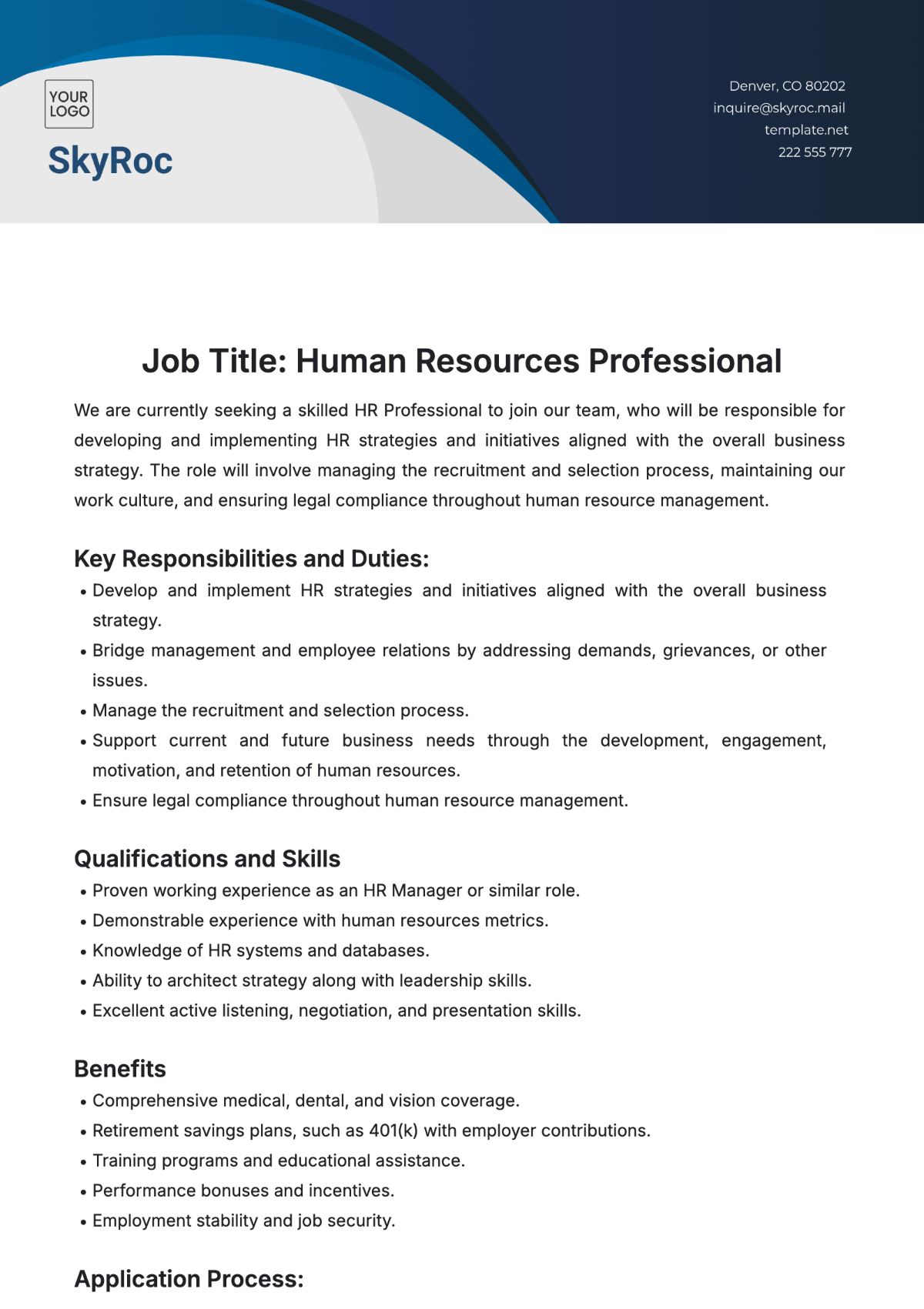 Free Job Description for HR Template to Edit Online
