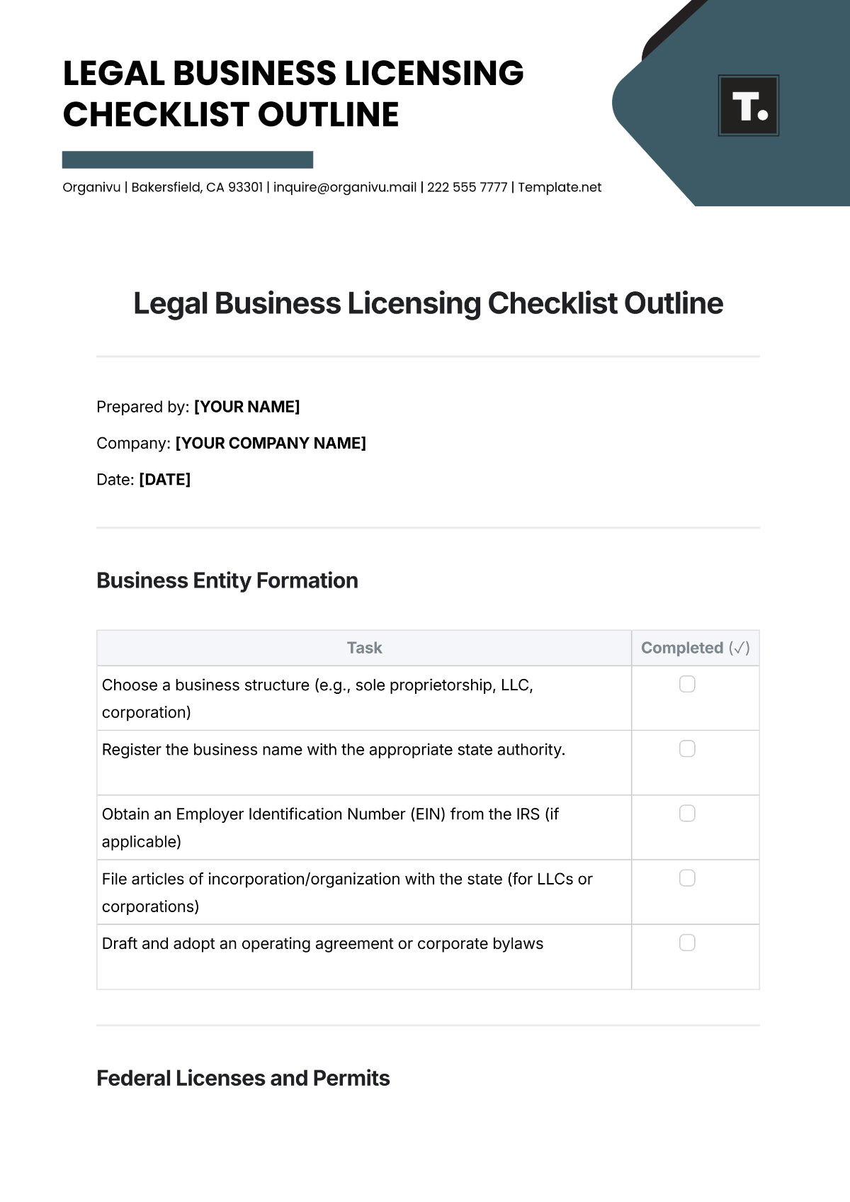 Free Legal Business Licensing Checklist Outline Template to Edit Online