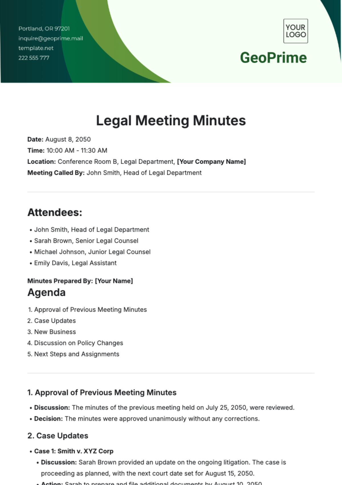 Free Legal Meeting Minutes Template to Edit Online