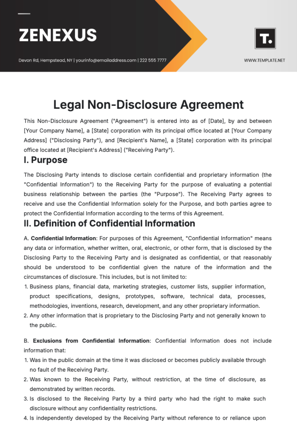 Free Legal Non-Disclosure Agreement Template to Edit Online