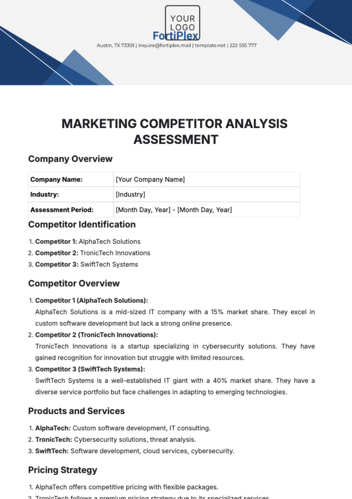 Free Marketing Competitor Analysis Assessment Template to Edit Online