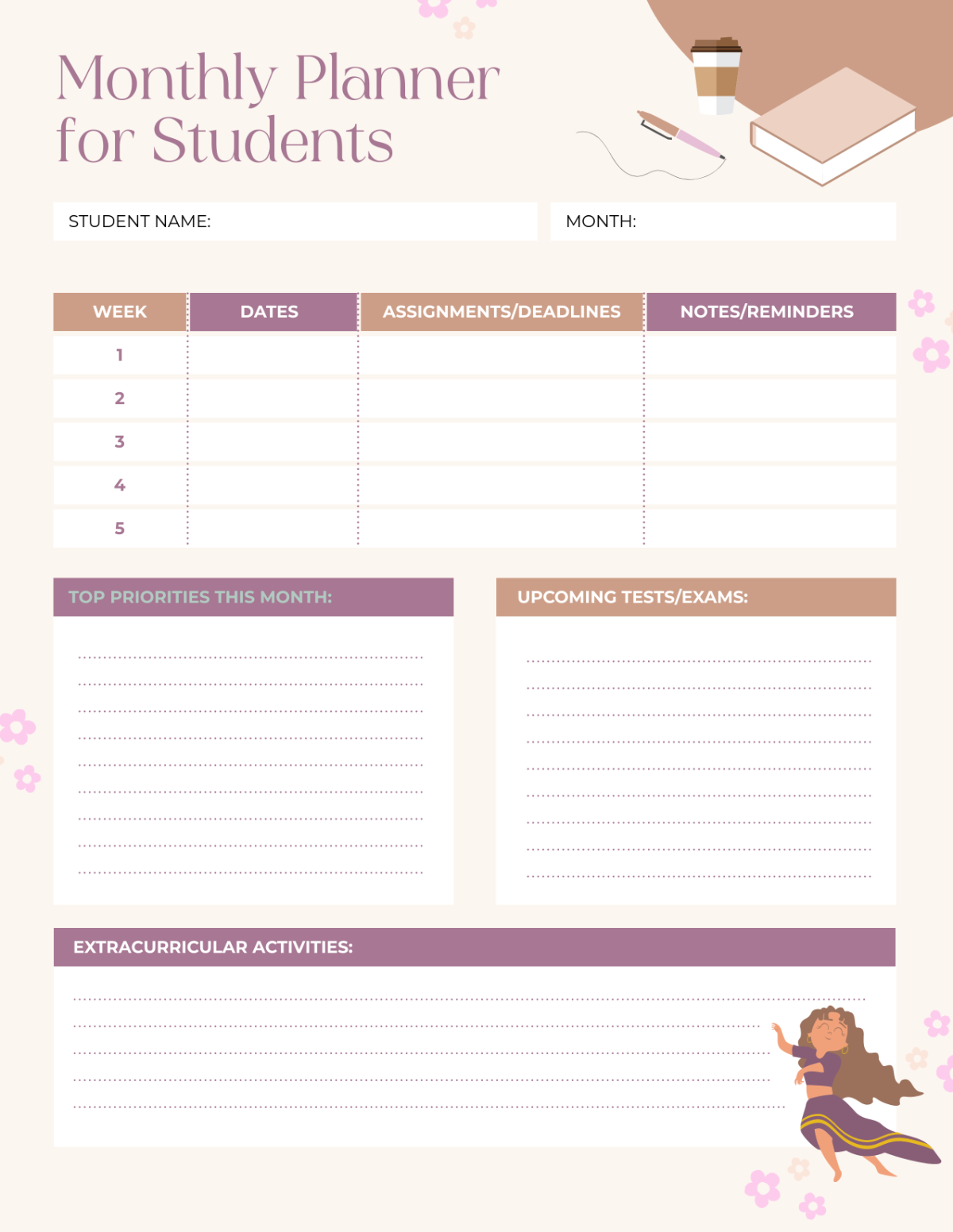 Monthly Planner Template for Students