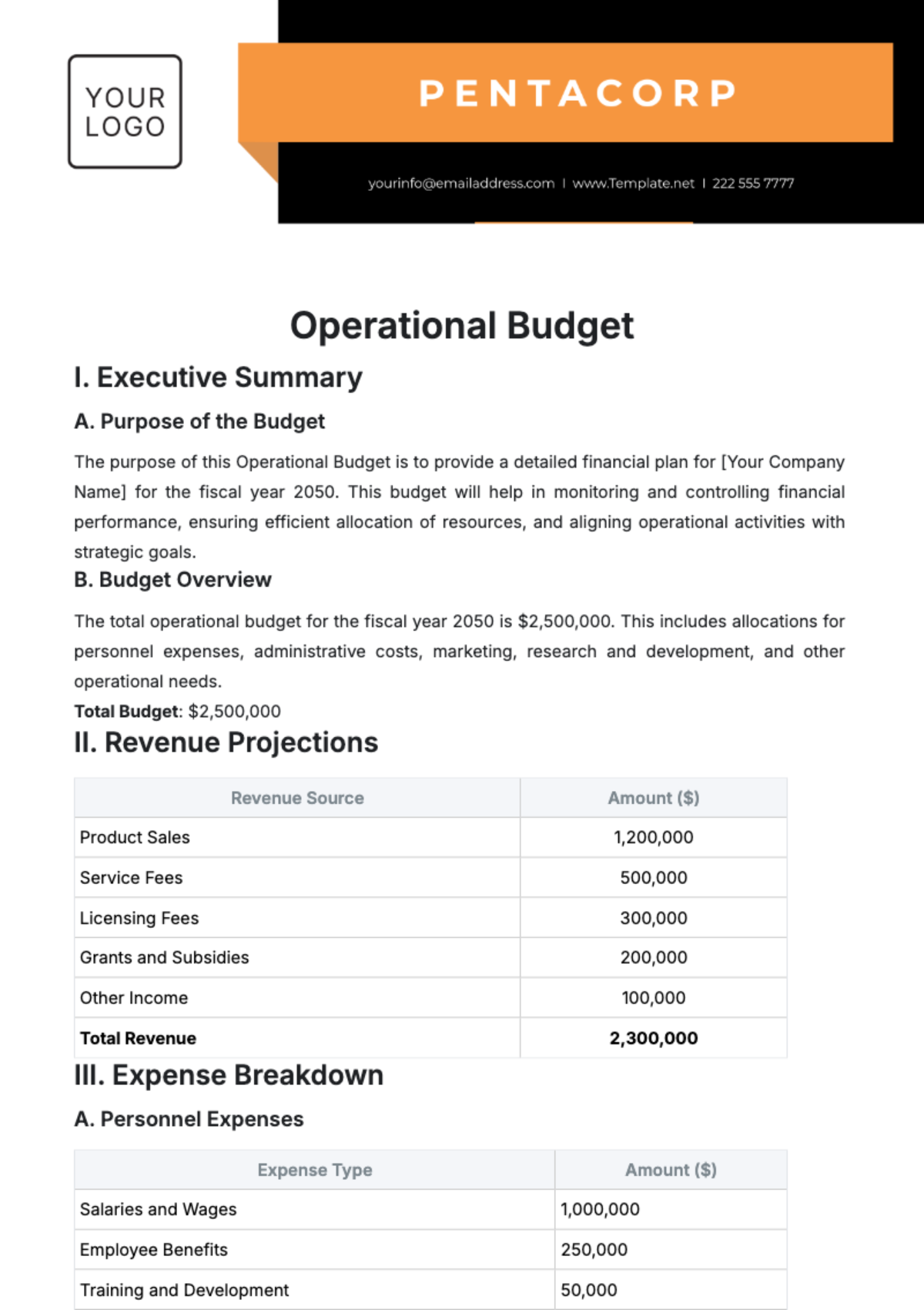 Free Operational Budget Template to Edit Online