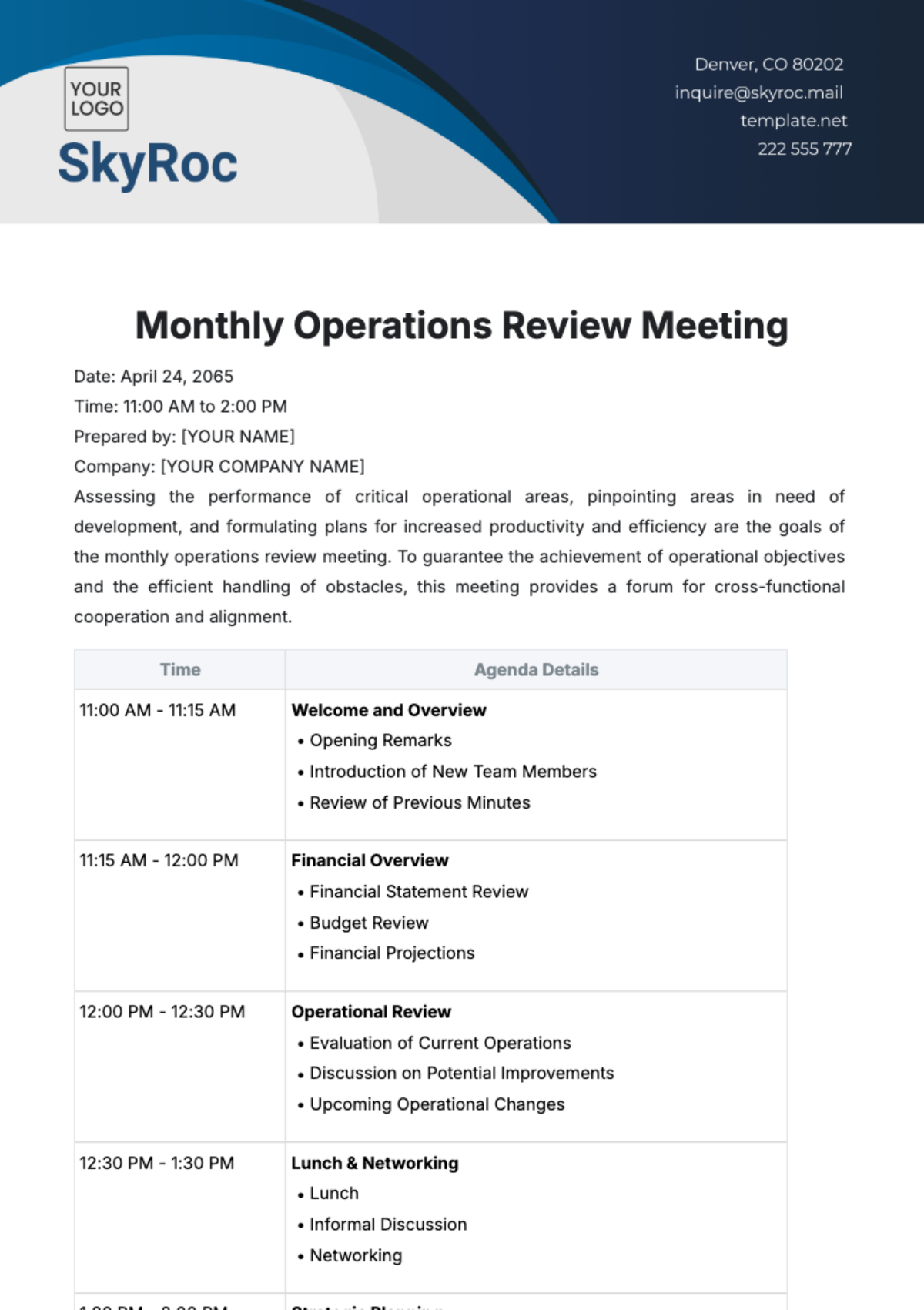 Free Operations Meeting Agenda  Template to Edit Online
