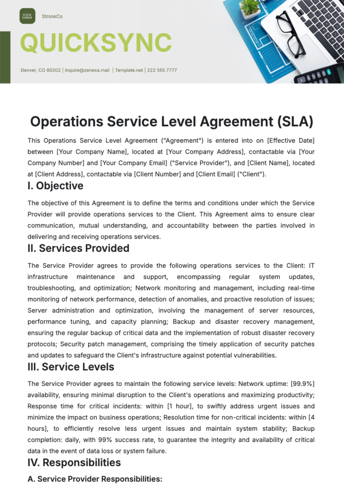 Free Operations Service Level Agreement %28SLA%29 Template to Edit Online