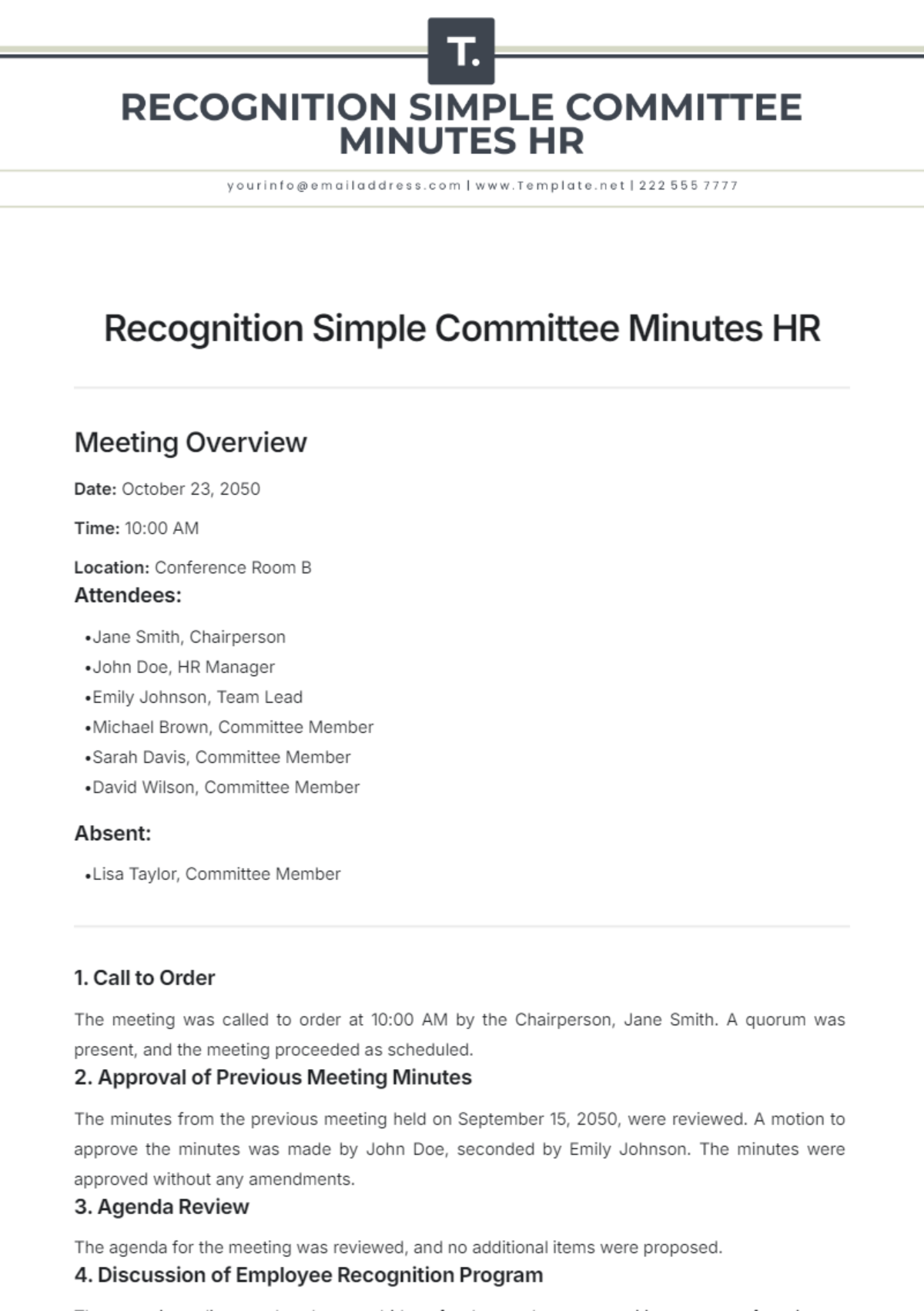 Free Recognition Simple Committee Minutes HR Template to Edit Online