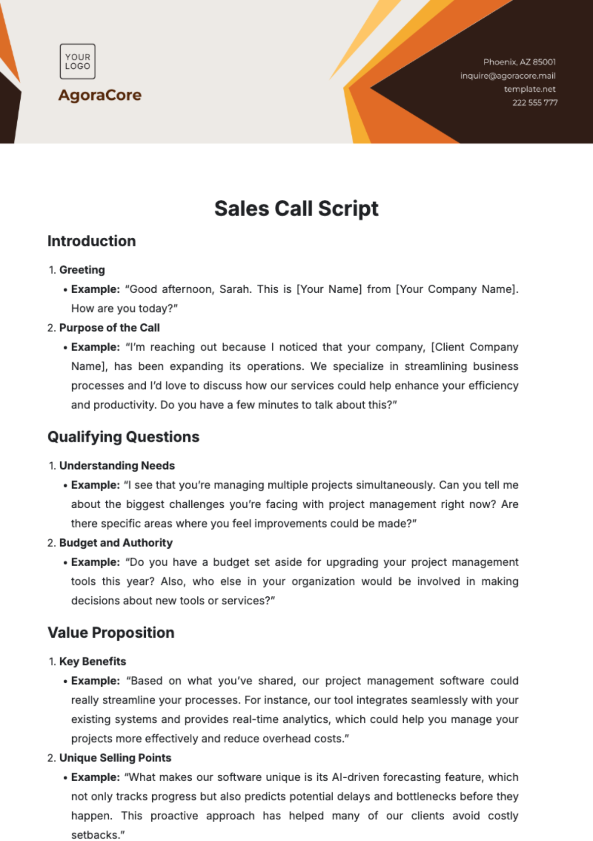 Free Sales Call Script Template to Edit Online