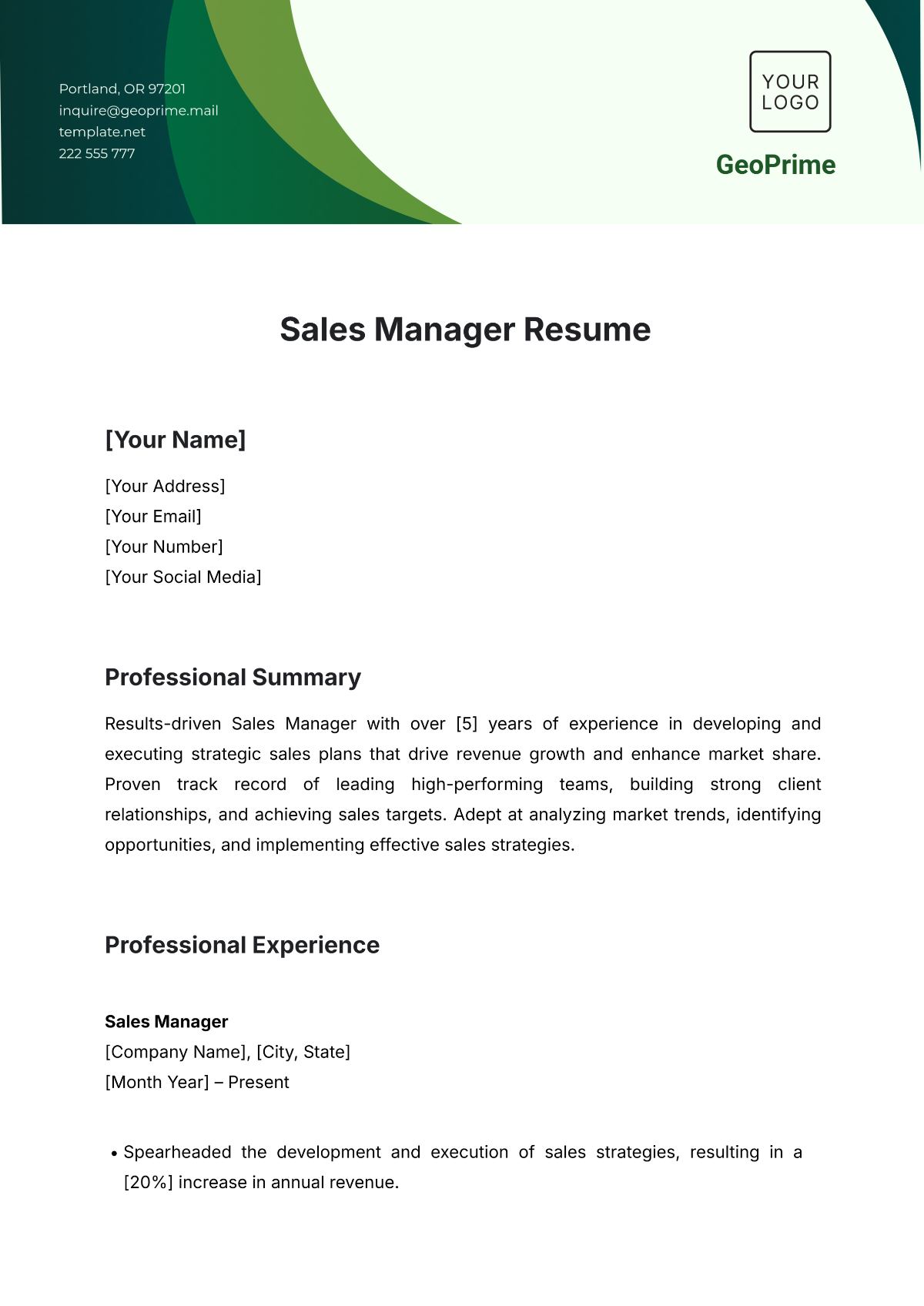 Free Sales Manager Resume Template to Edit Online