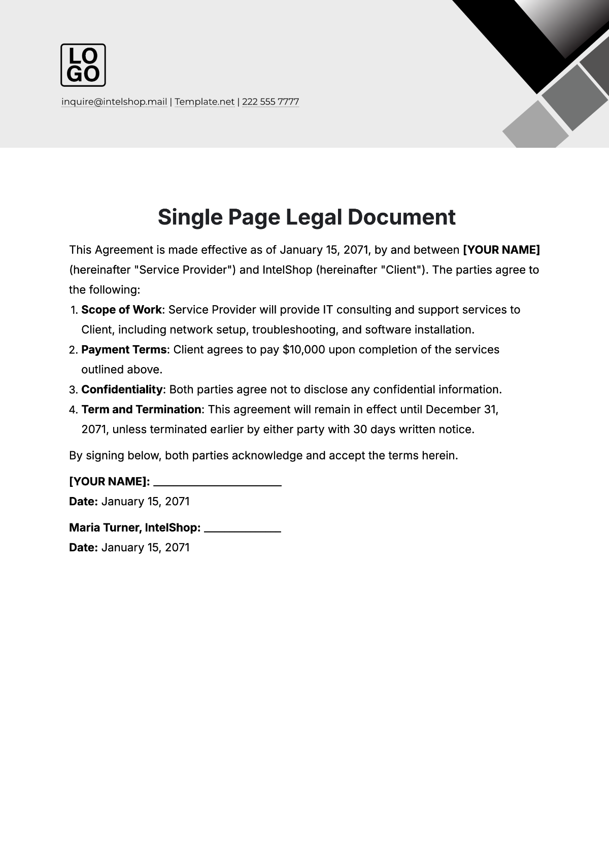 Free Single Page Legal Document Template to Edit Online