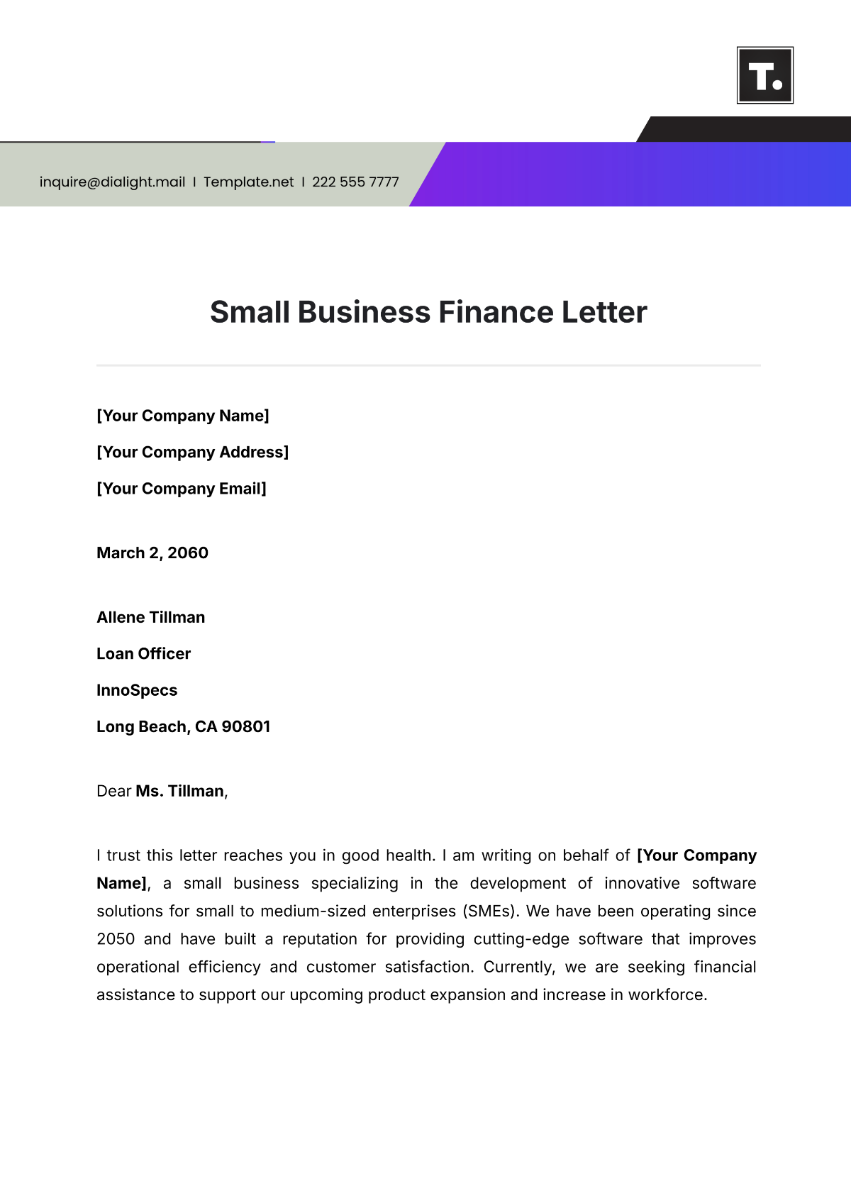 Free Small Business Finance Letter Template to Edit Online
