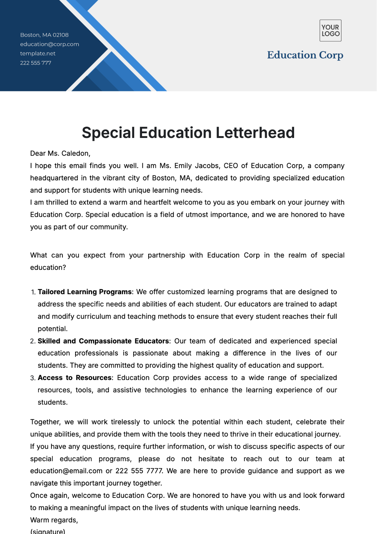 Free Special Education Letterhead Template to Edit Online