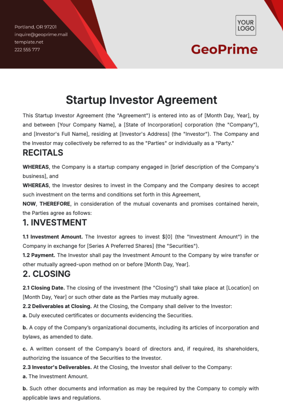 Free Startup Investor Agreement Template to Edit Online