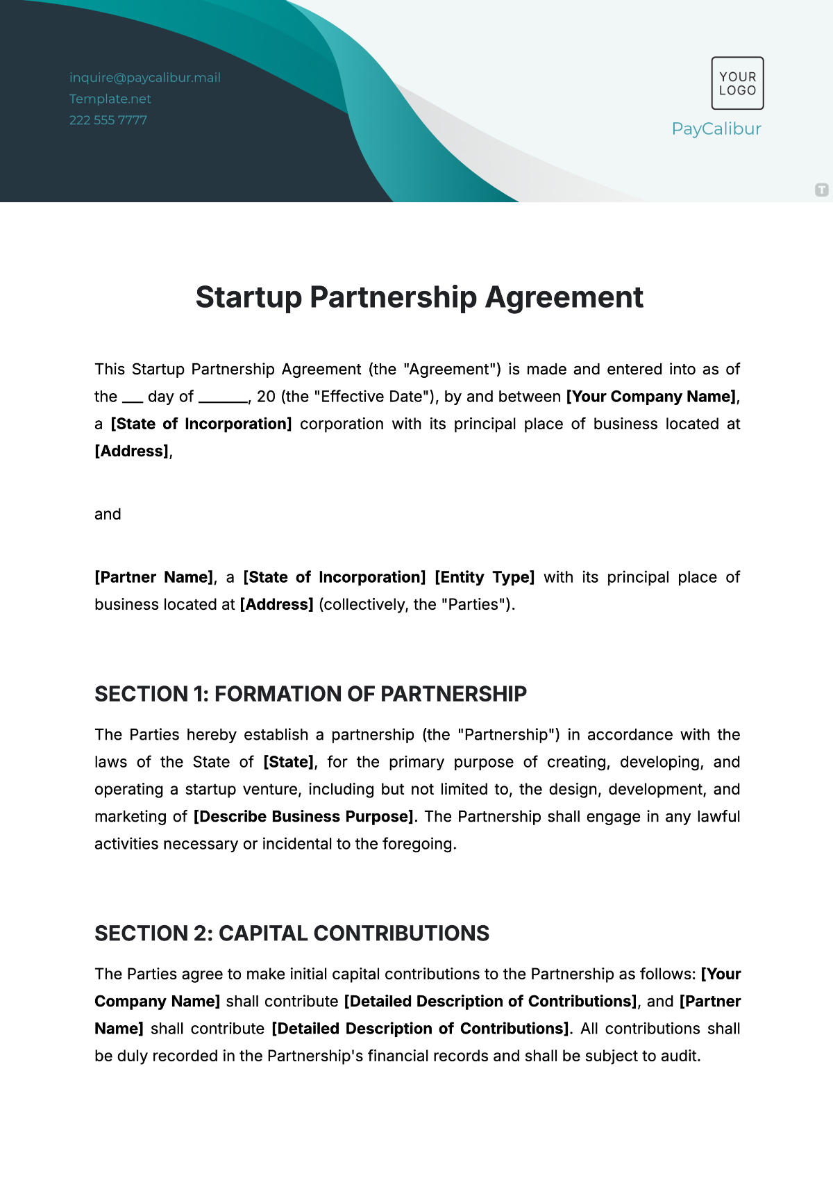 Free Startup Partnership Agreement Template to Edit Online