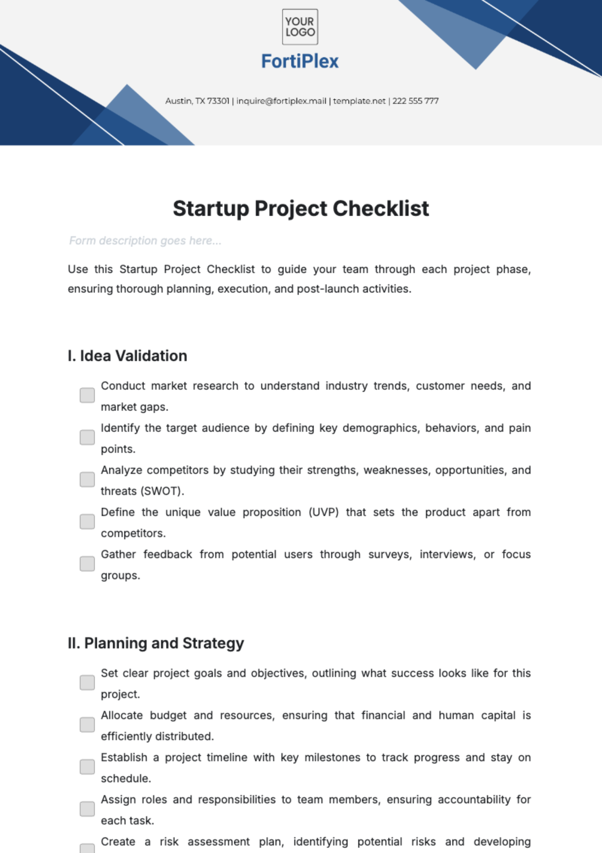 Free Startup Project Checklist Form Template to Edit Online